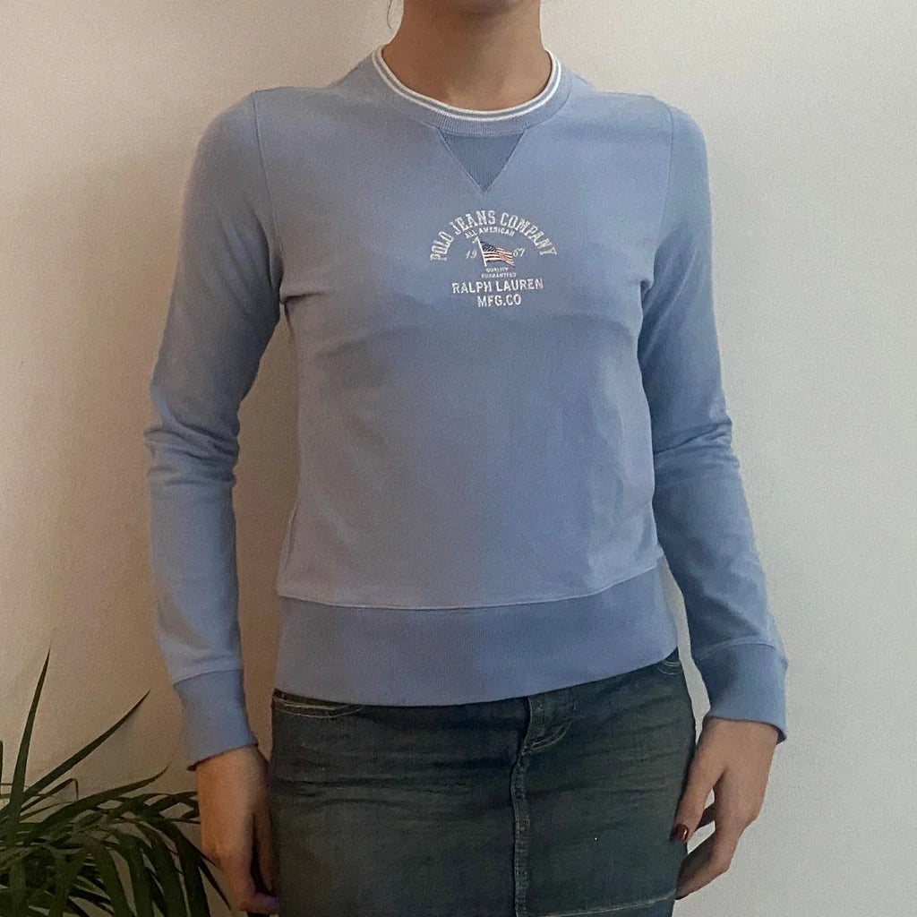 Polo Jeans Co. Spellout Sweatshirt - Medium Blue Cotton Refurbished - Thrifted (note: this is a term often used to describe second- refurbished available on Cerqular