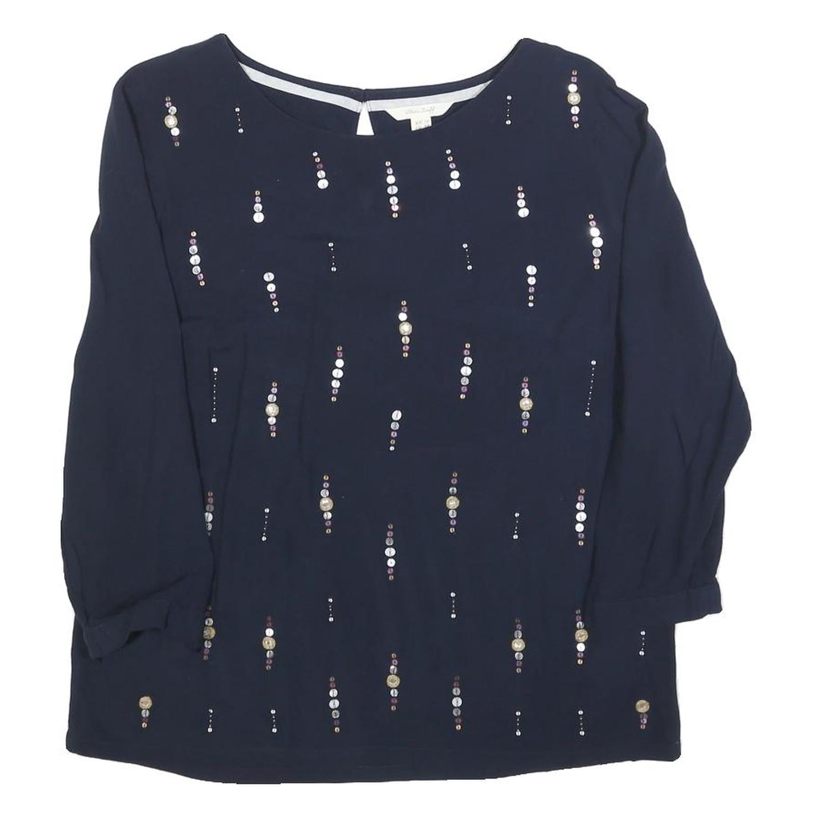 WHITE STUFF Womens Navy Embellished Long Sleeve Round Neck Top UK 10 Viscose Refurbished - N/A refurbished available on Cerqular