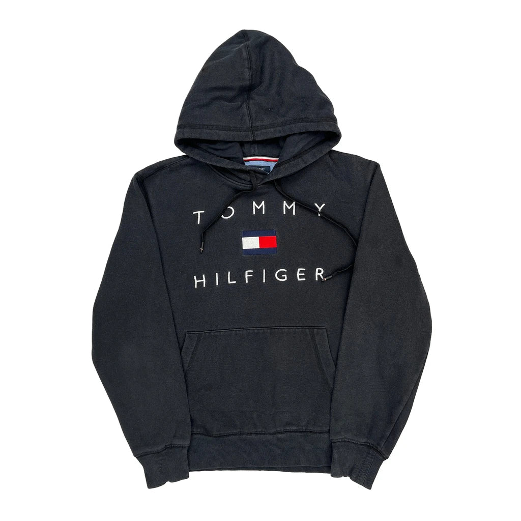 Tommy Hilfiger Spellout Hoodie - Medium Black Cotton Refurbished - Thrifted (note: this is a term often used to describe second- refurbished available on Cerqular