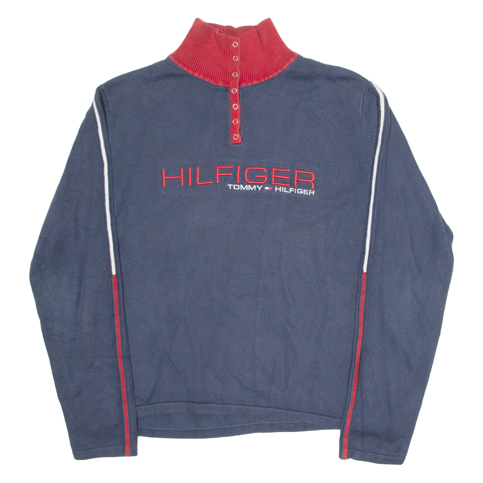 TOMMY HILFIGER Womens Jumper Blue Button Neck Tight Knit XL Refurbished - N/A refurbished available on Cerqular