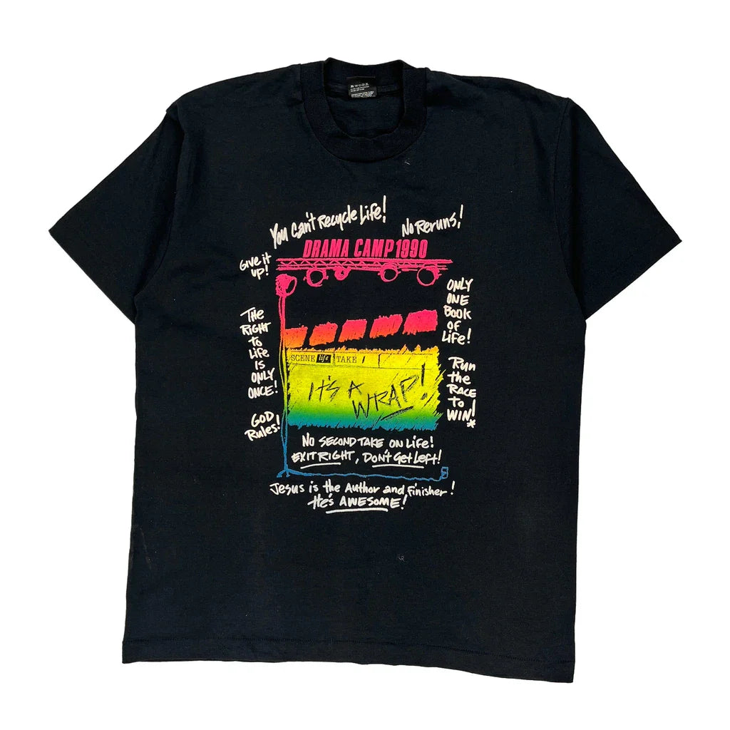 Drama Camp 1990 Screen Stars Single Stitch T-Shirt - XL Black Cotton Blend Refurbished - Thrifted (note: this is a term often used to describe second- refurbished available on Cerqular