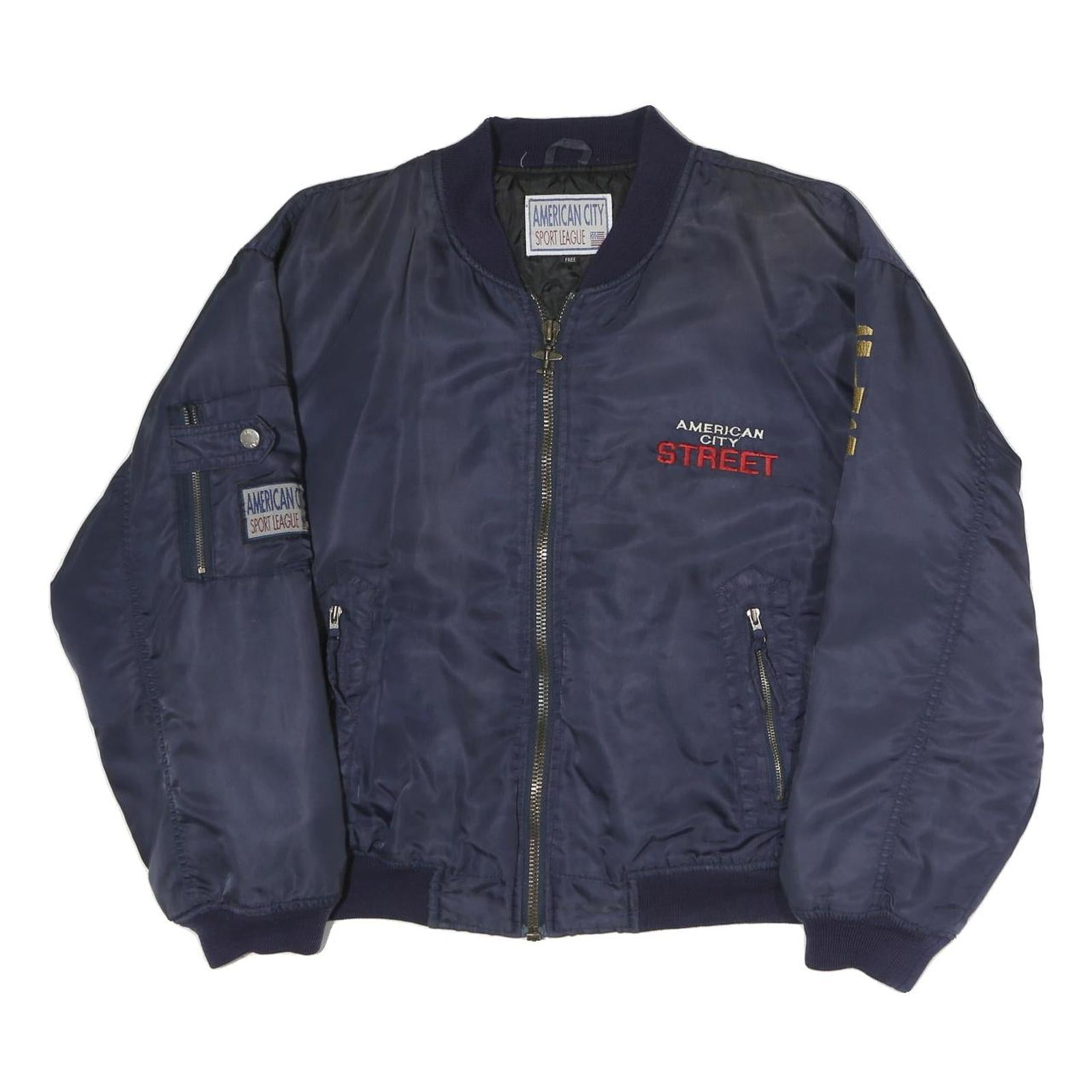 American City Mens Navy Blue Street Logo Bomber Jacket L Polyester Zip Refurbished - N/A refurbished available on Cerqular
