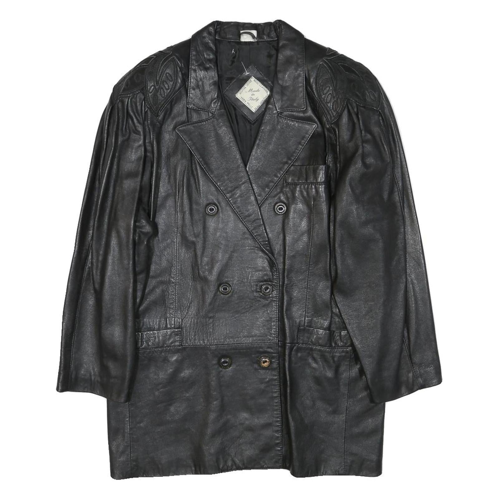 Womens Black Leather Button Jacket M Plain Classic Double Breasted Stylish Refurbished - N/A refurbished available on Cerqular