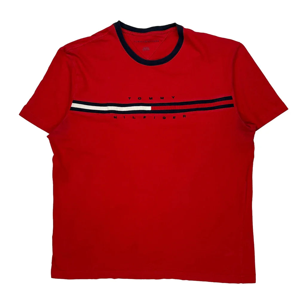 Tommy Hilfiger Spellout T-Shirt - XL Red Cotton Refurbished - Thrifted (note: this is a term often used to describe second- refurbished available on Cerqular
