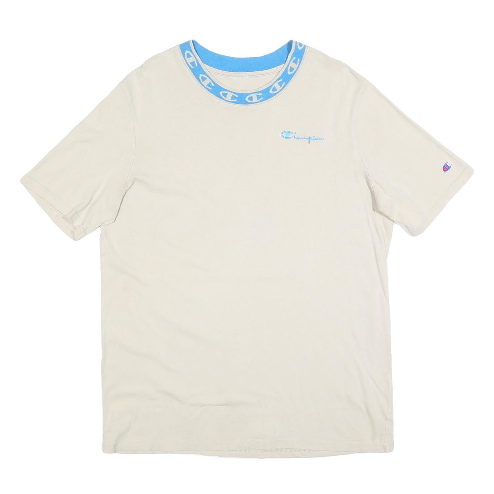 CHAMPION Mens Cream & Blue Graphic T-Shirt L Short Sleeve Crew Neck Cotton Blend Refurbished - N/A refurbished available on Cerqular
