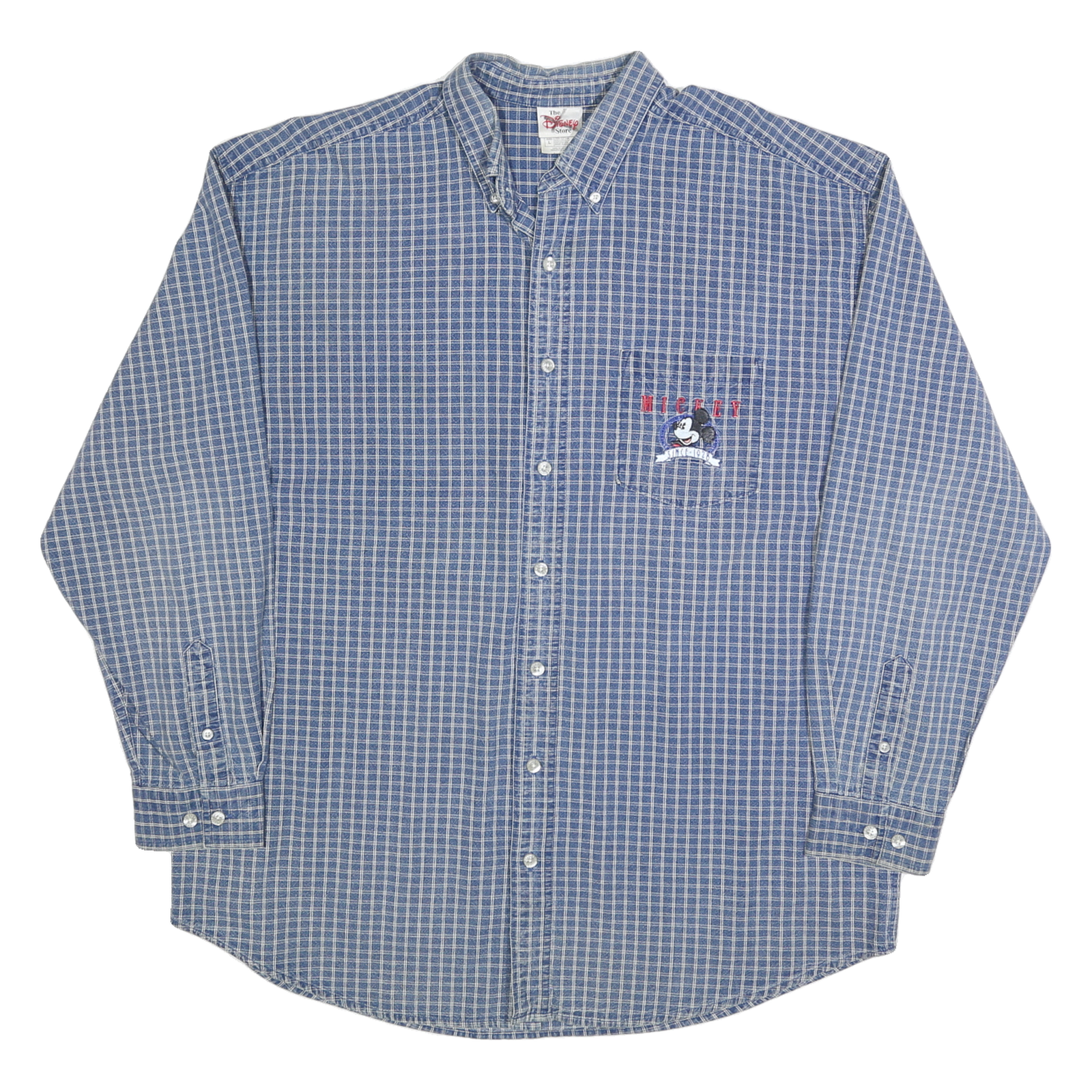 DISNEY Mens Blue Check Cotton Blend Shirt L Mickey Mouse Embroidered Pocket Refurbished - N/A refurbished available on Cerqular