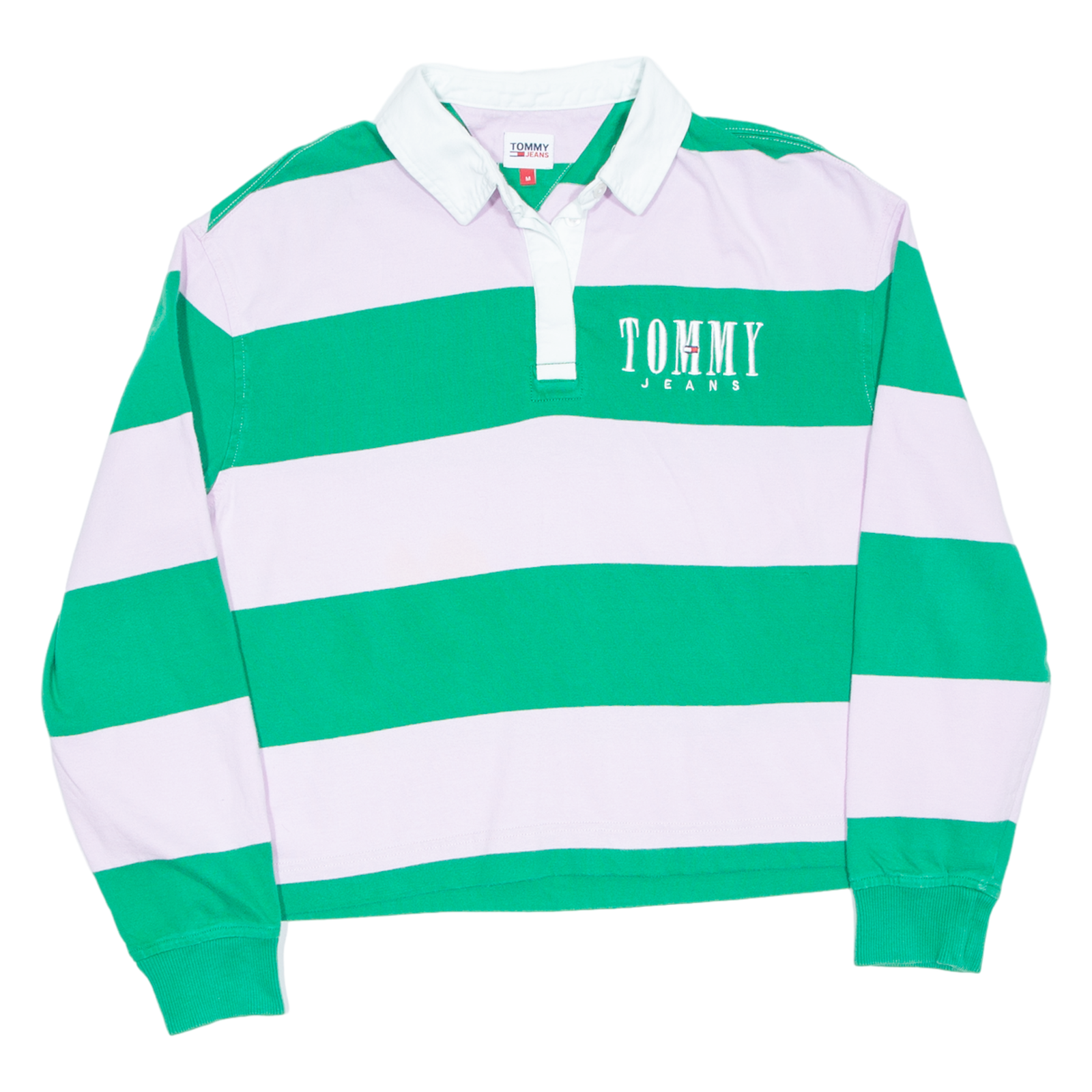 TOMMY HILFIGER Cropped Womens Polo Shirt Green Striped Long Sleeve M Refurbished - N/A refurbished available on Cerqular