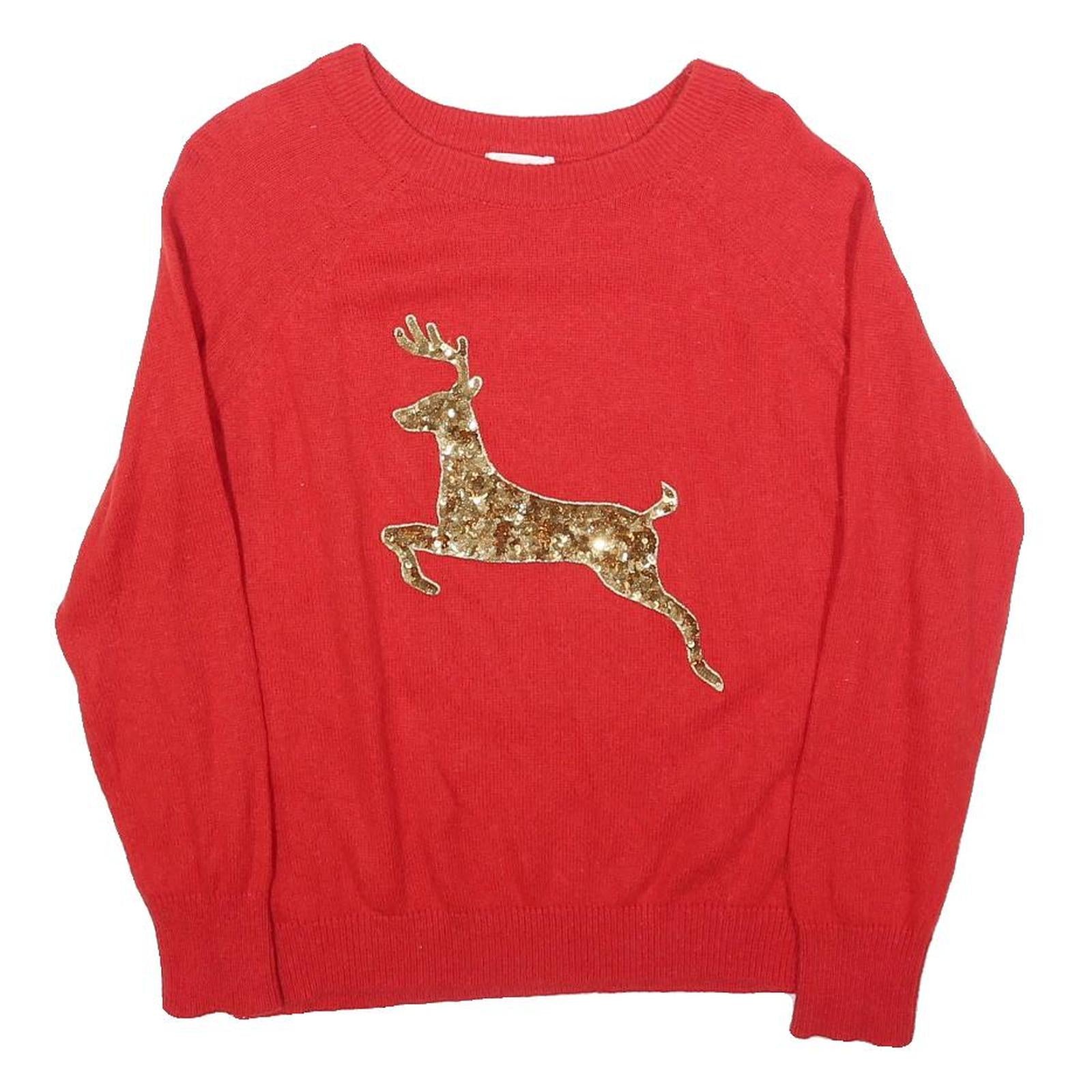 H&M Womens Red Gold Sequin Reindeer Patterned Wool Blend Jumper Crew Neck M Refurbished - N/A refurbished available on Cerqular