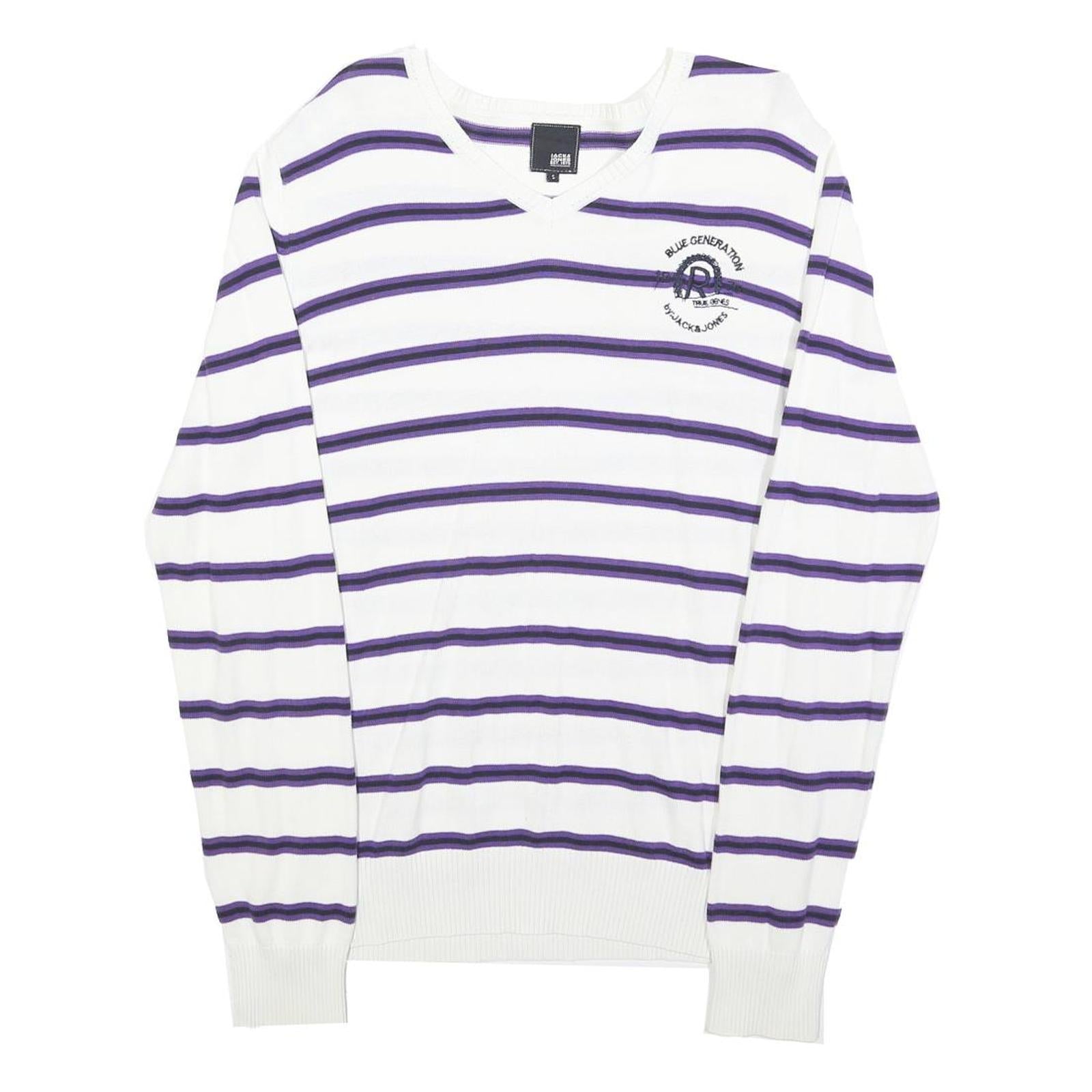 JACK & JONES Mens White & Purple Striped Pattern V-Neck Basic Knit Jumper S Refurbished - N/A refurbished available on Cerqular