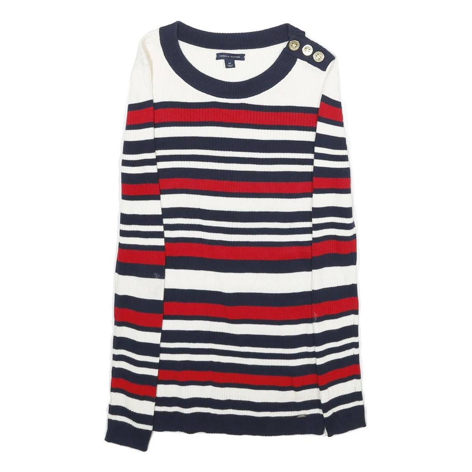 TOMMY HILFIGER Womens White & Red & Navy Striped Plain Crew Neck Basic Knit S Refurbished - N/A refurbished available on Cerqular