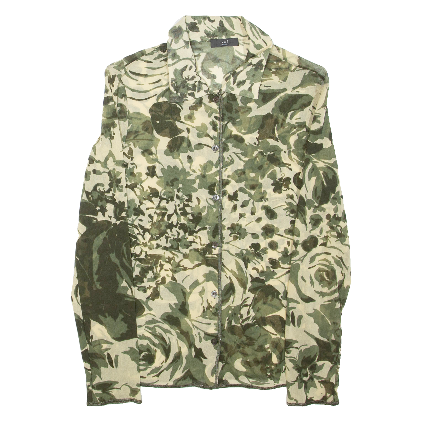 OUI Sheer Womens Printed Top Green Collared Long Sleeve Floral S Refurbished - N/A refurbished available on Cerqular
