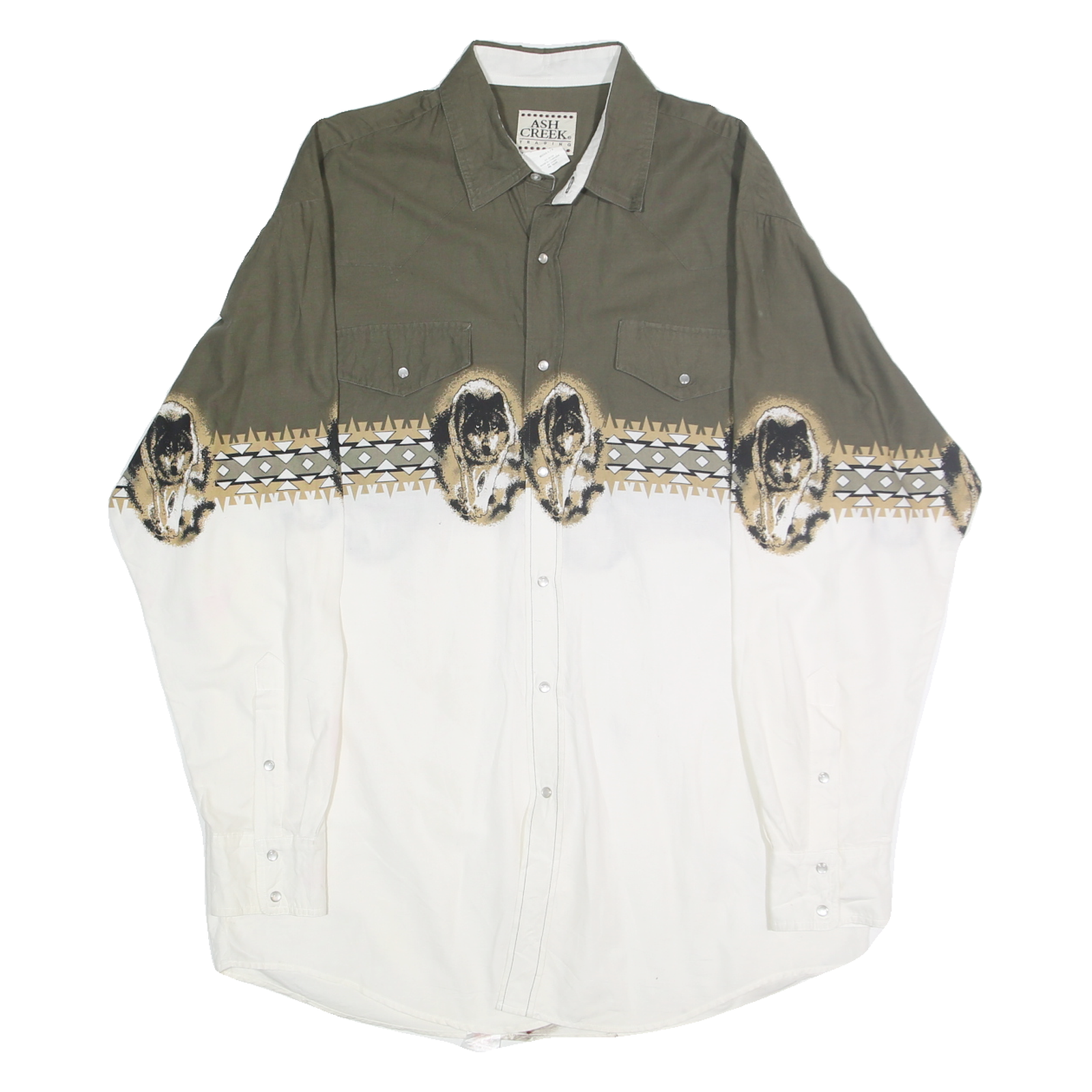ASH CREEK TRADING Mens Green & White Wolf Graphic Cotton Shirt L Long Sleeve Refurbished - N/A refurbished available on Cerqular