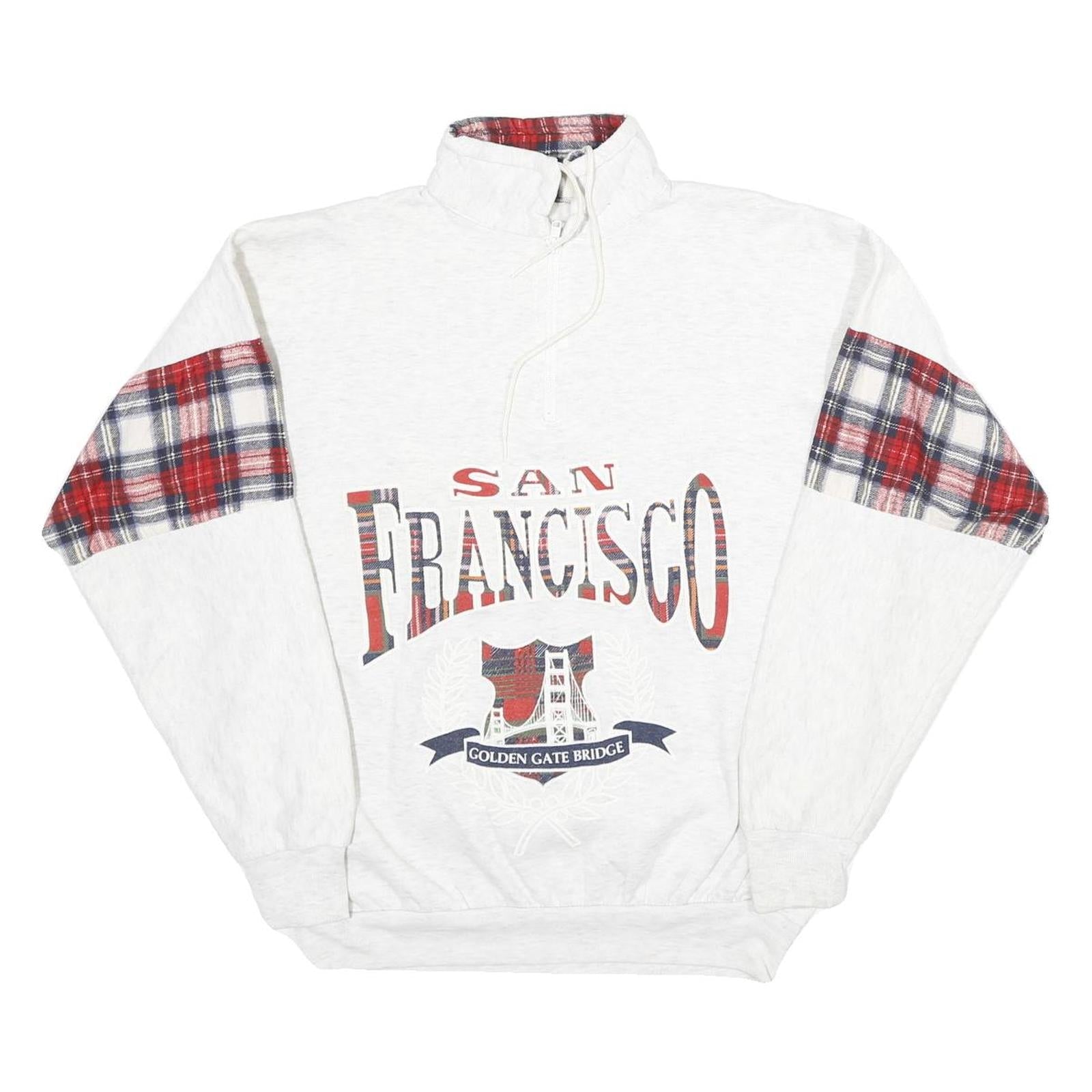 Mens White Sweatshirt San Francisco Golden Gate Bridge Half Zip M Plaid Detail Refurbished - N/A refurbished available on Cerqular