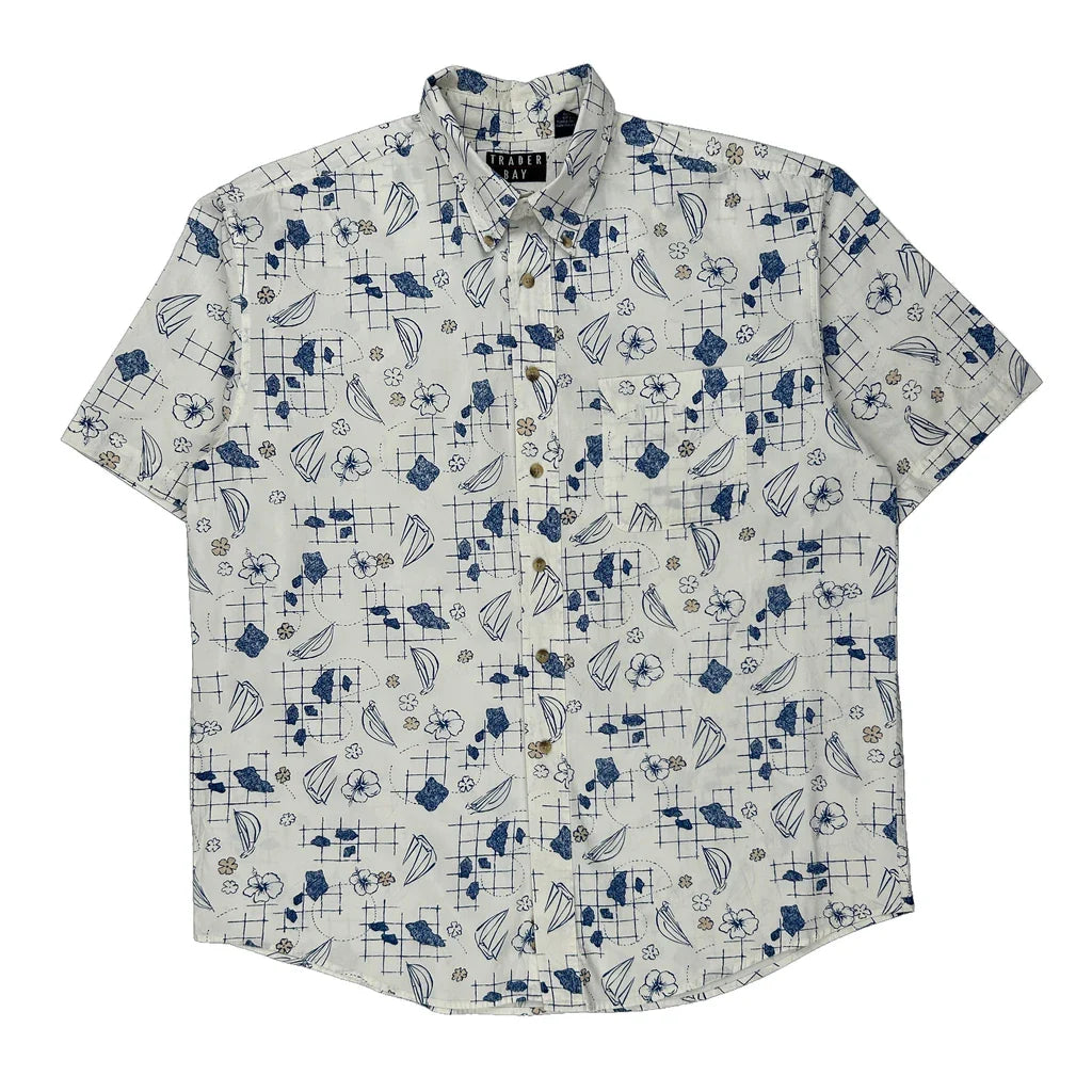 Trader Bay Floral Hawaiian Shirt - Large Blue Cotton Refurbished - Thrifted (note: this is a term often used to describe second- refurbished available on Cerqular
