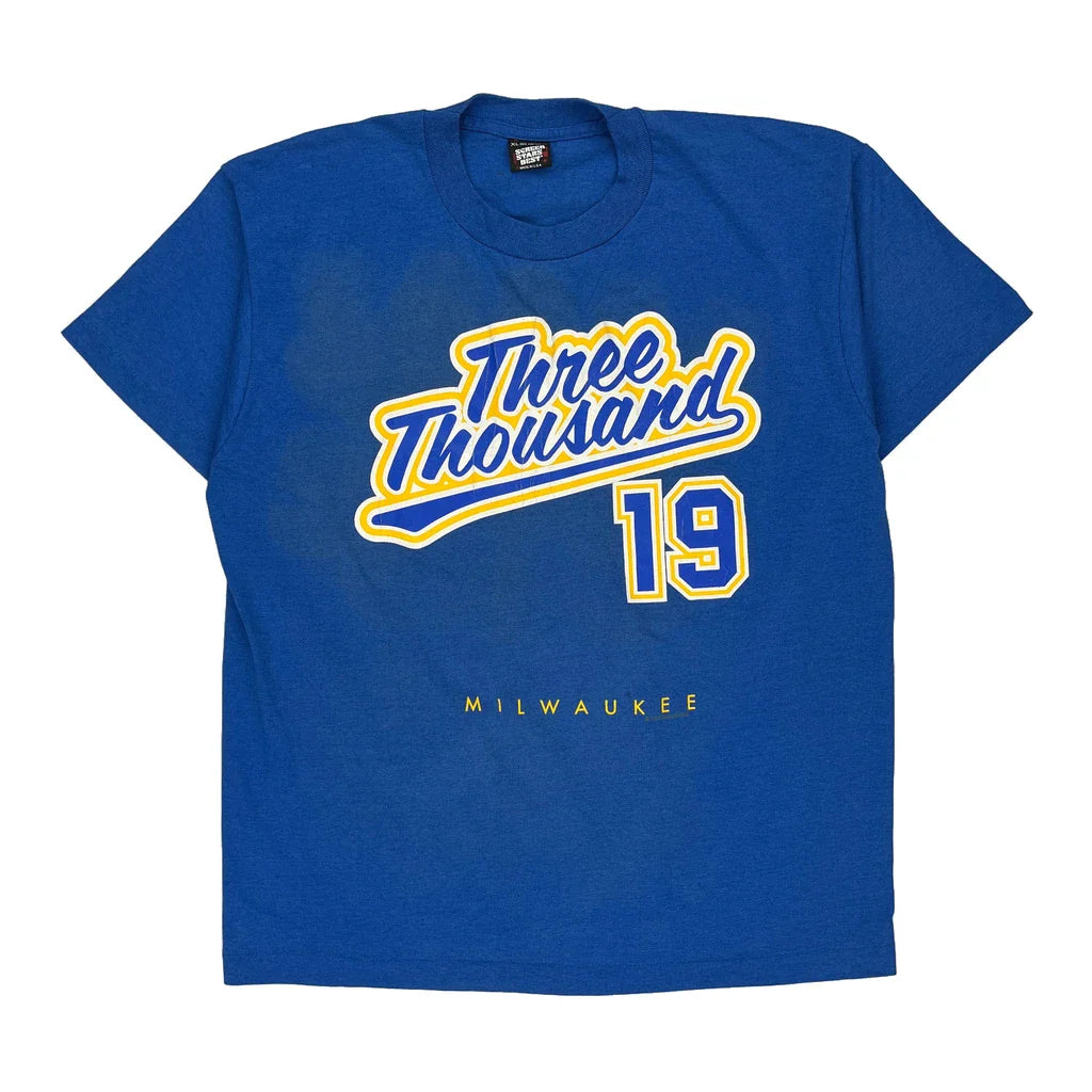 Milwaukee Three Thousand 19 Screen Stars Single Stitch T-Shirt - XL Blue Cotton Blend Refurbished - Thrifted (note: this is a term often used to describe second- refurbished available on Cerqular