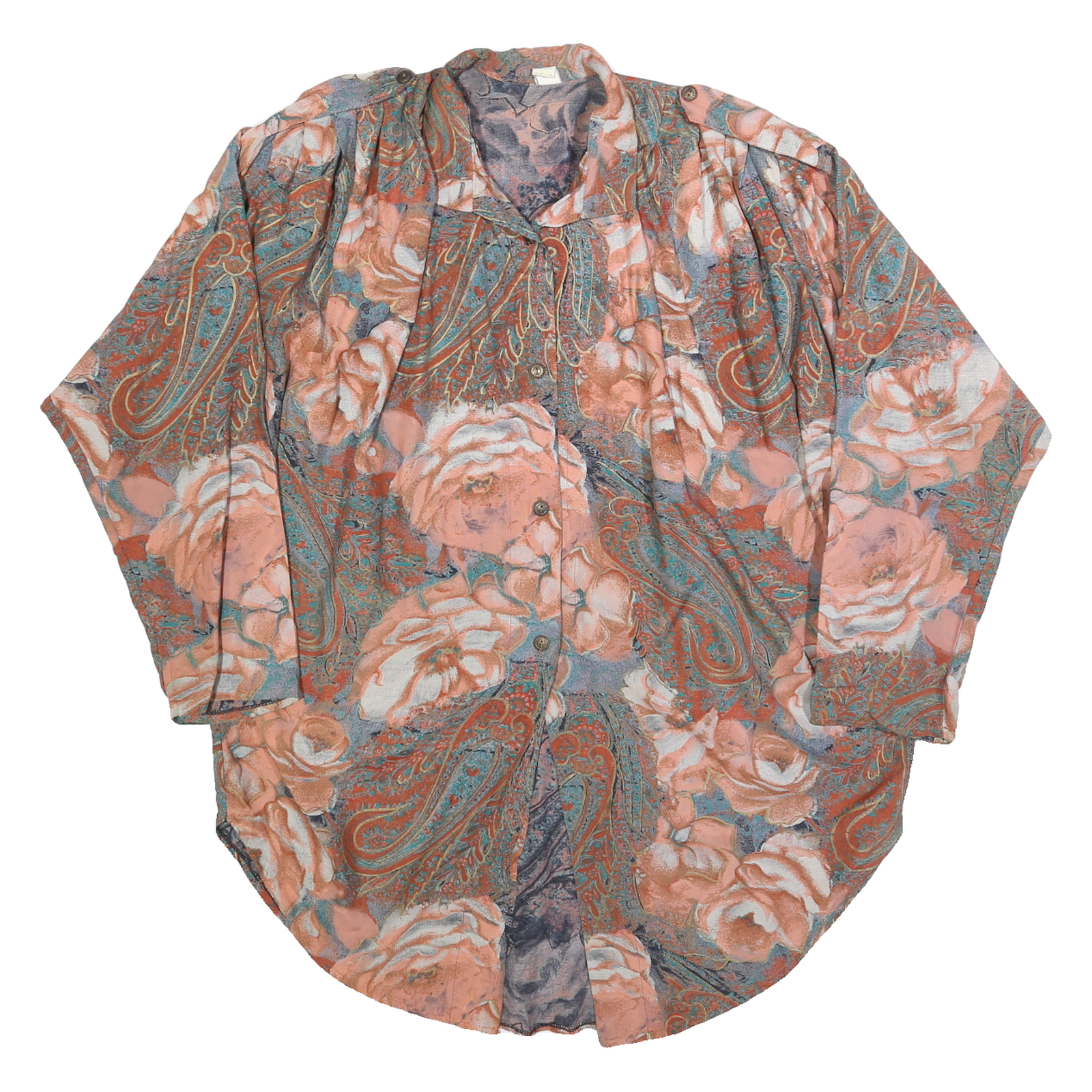 Womens Peach & Green Paisley Floral Viscose Shirt XL Loose Fit Long Sleeve Refurbished - N/A refurbished available on Cerqular