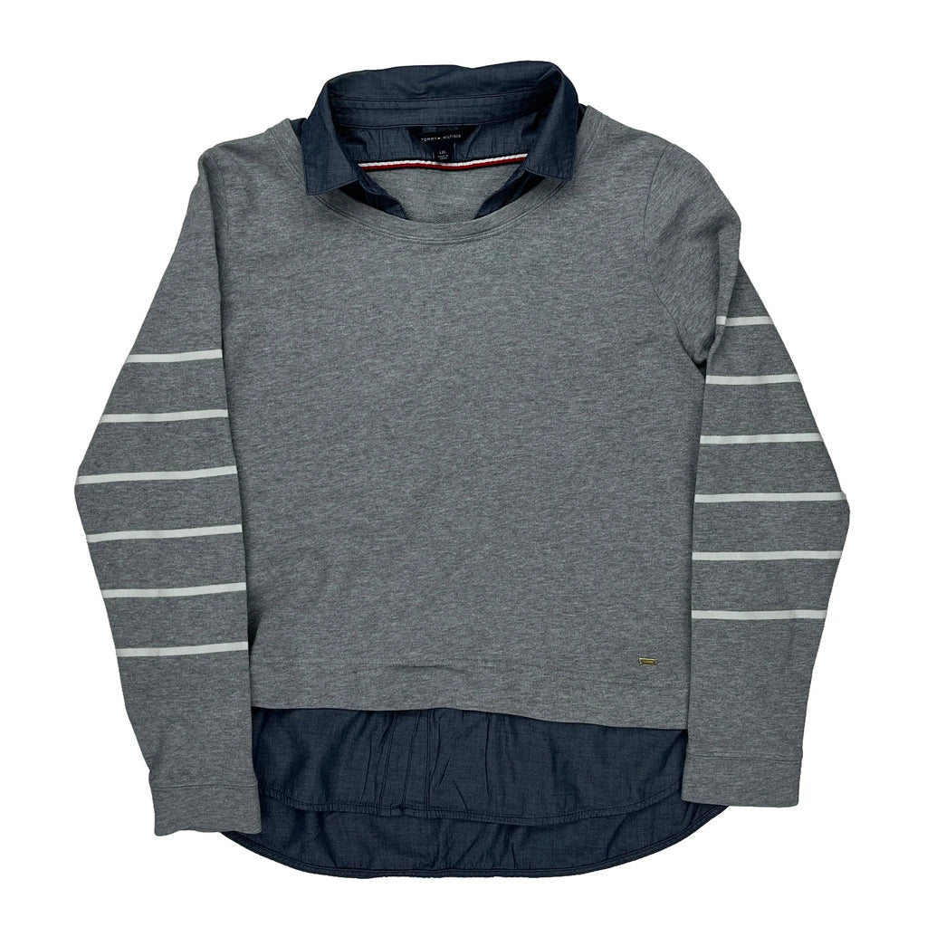 Tommy Hilfiger Striped Sweatshirt - Large Grey Cotton Refurbished - Thrifted (note: this is a term often used to describe second- refurbished available on Cerqular