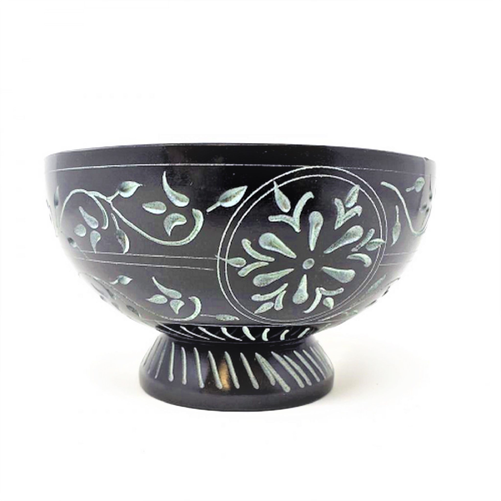 Sacred Bloom: Floral Hand-Carved Black Soapstone Bowl ( 3"") Refurbished - N/A refurbished available on Cerqular