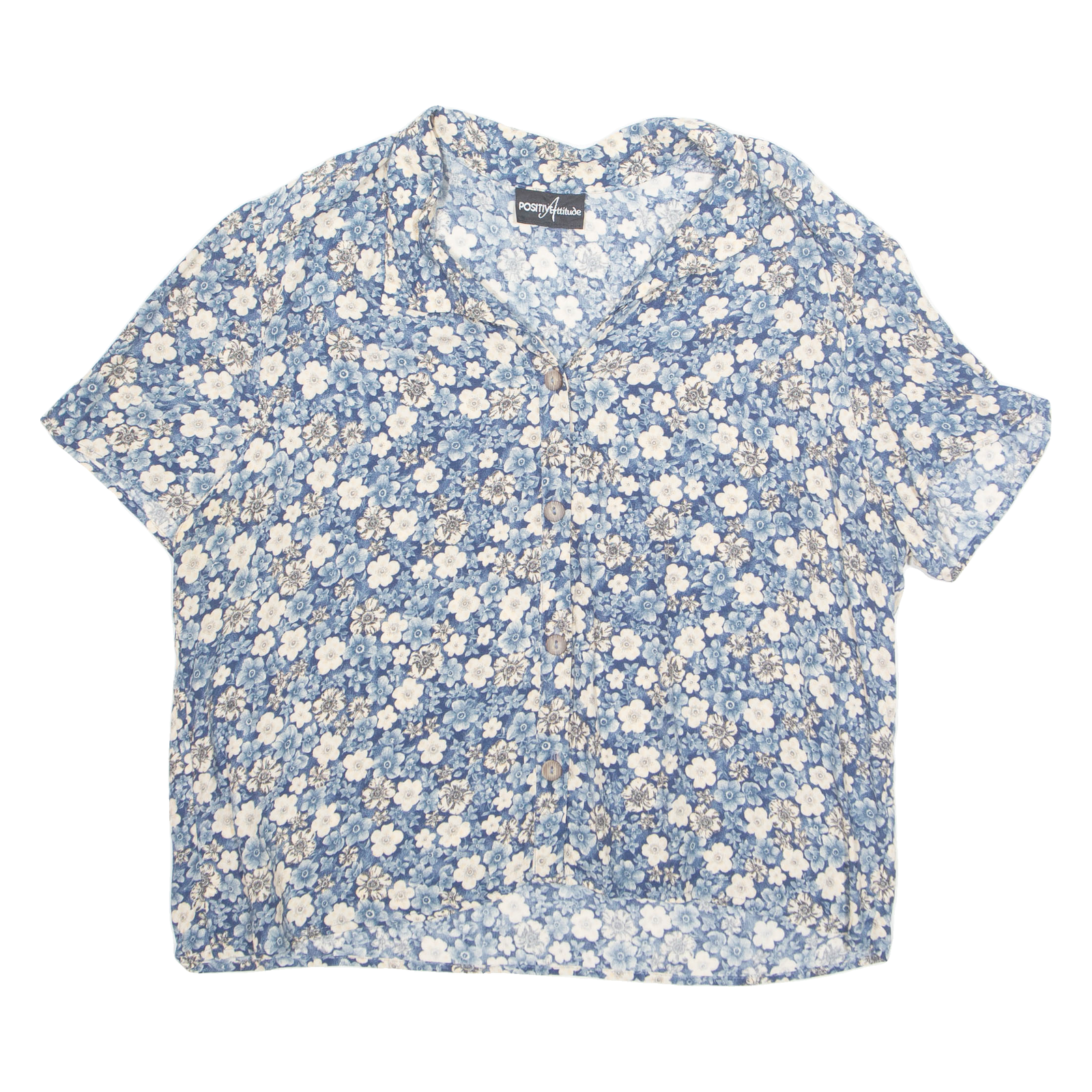 POSITIVE ATTITUDE Womens Printed Shirt Blue Off Shoulder 90s Floral L Refurbished - N/A refurbished available on Cerqular