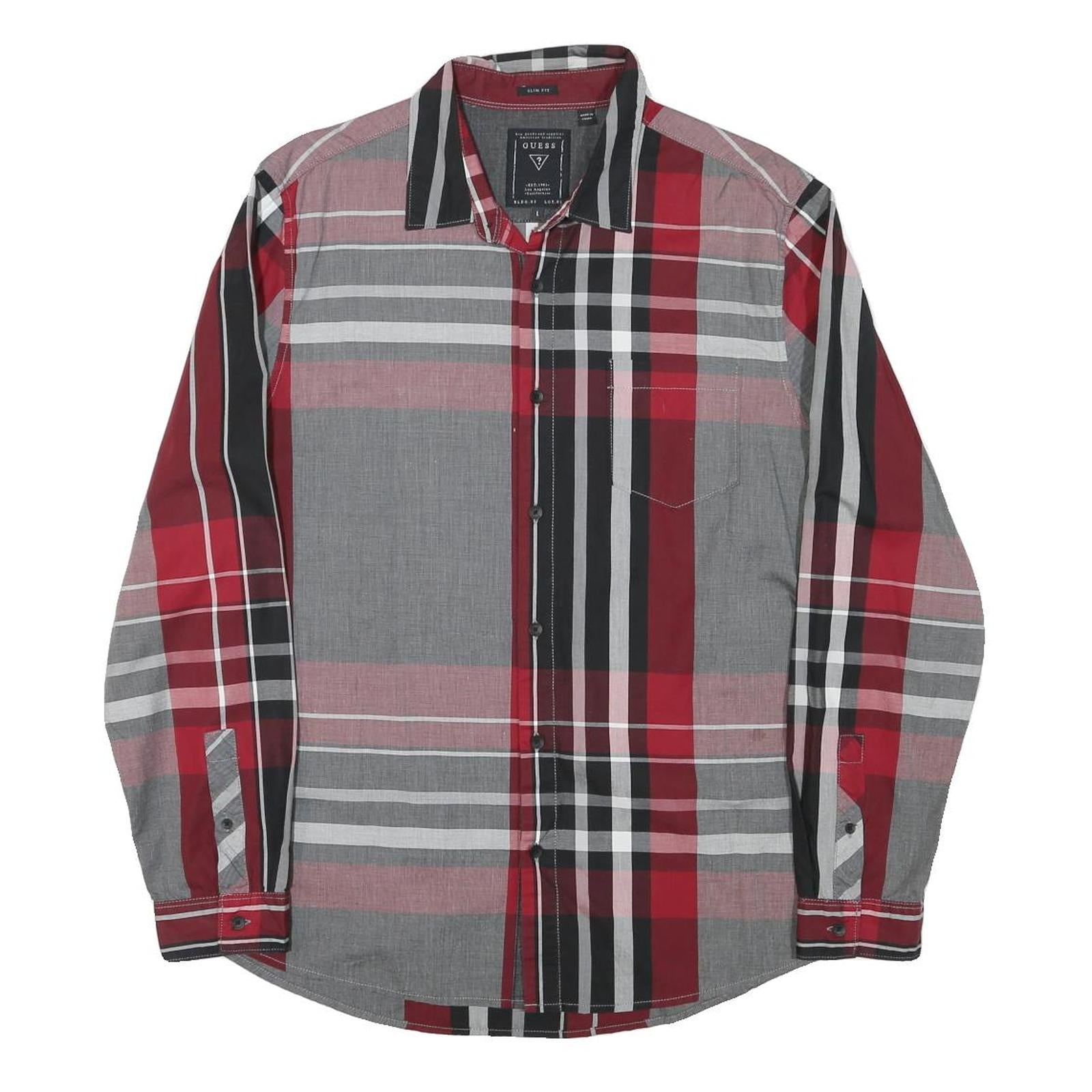 GUESS Mens Red Black & Grey Check Shirt L Slim Fit Long Sleeve Casual Refurbished - N/A refurbished available on Cerqular