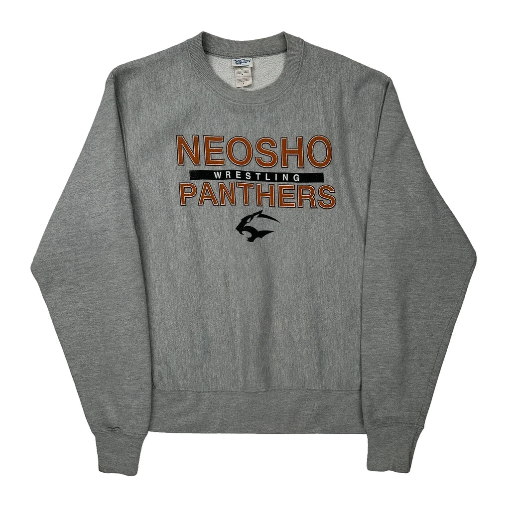 Neosho Panthers Wrestling Champion College Sweatshirt - Medium Grey Cotton Blend Refurbished - Thrifted (note: this is a term often used to describe second- refurbished available on Cerqular