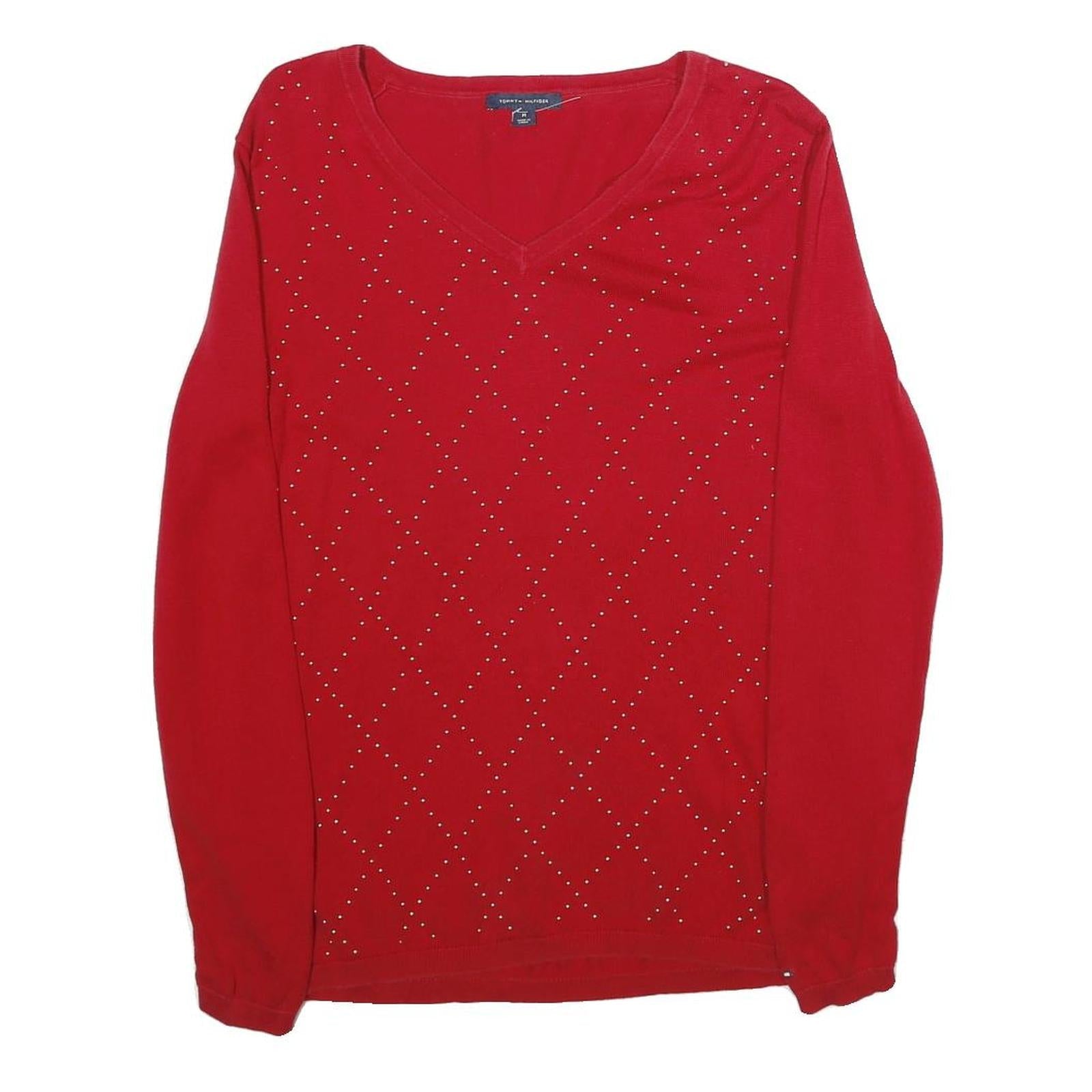 TOMMY HILFIGER Womens Red Patterned Pullover V-Neck Basic Knit M Jumper Refurbished - N/A refurbished available on Cerqular