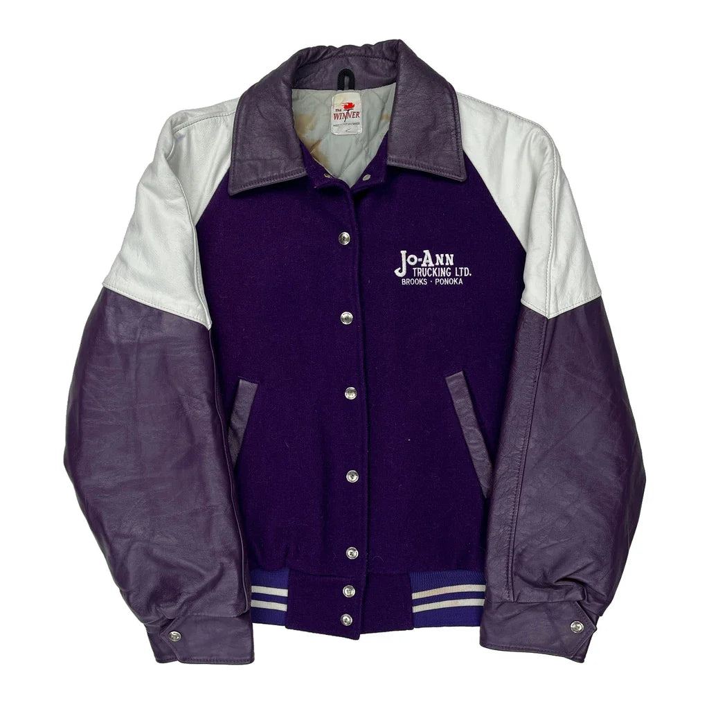 Jo-Ann Trucking Ltd. Winner College Varsity Jacket - Large White Leather Refurbished - Thrifted (note: this is a term often used to describe second- refurbished available on Cerqular