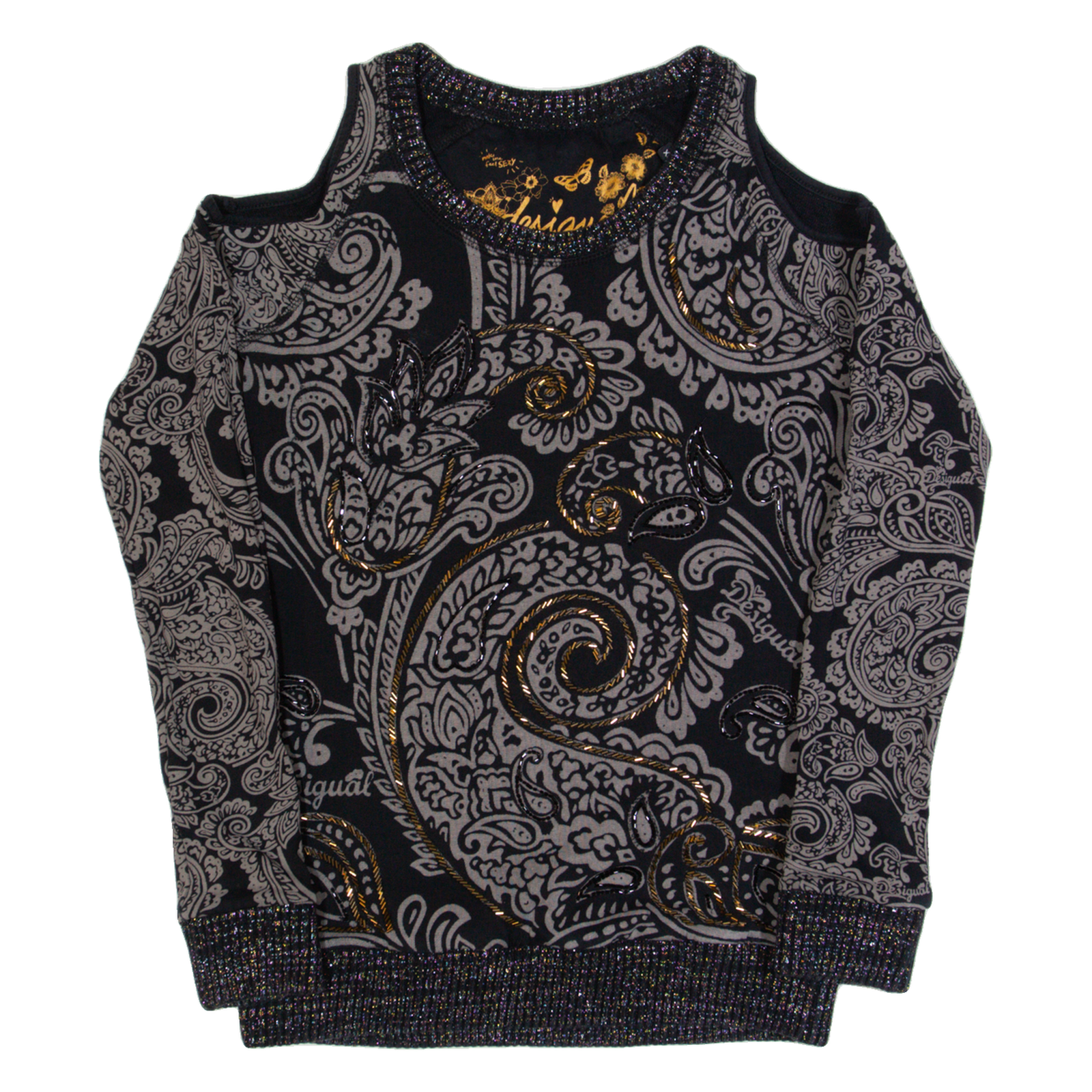 DESIGUAL Open Shoulder Womens Printed Top Black Long Sleeve Paisley XS Refurbished - N/A refurbished available on Cerqular