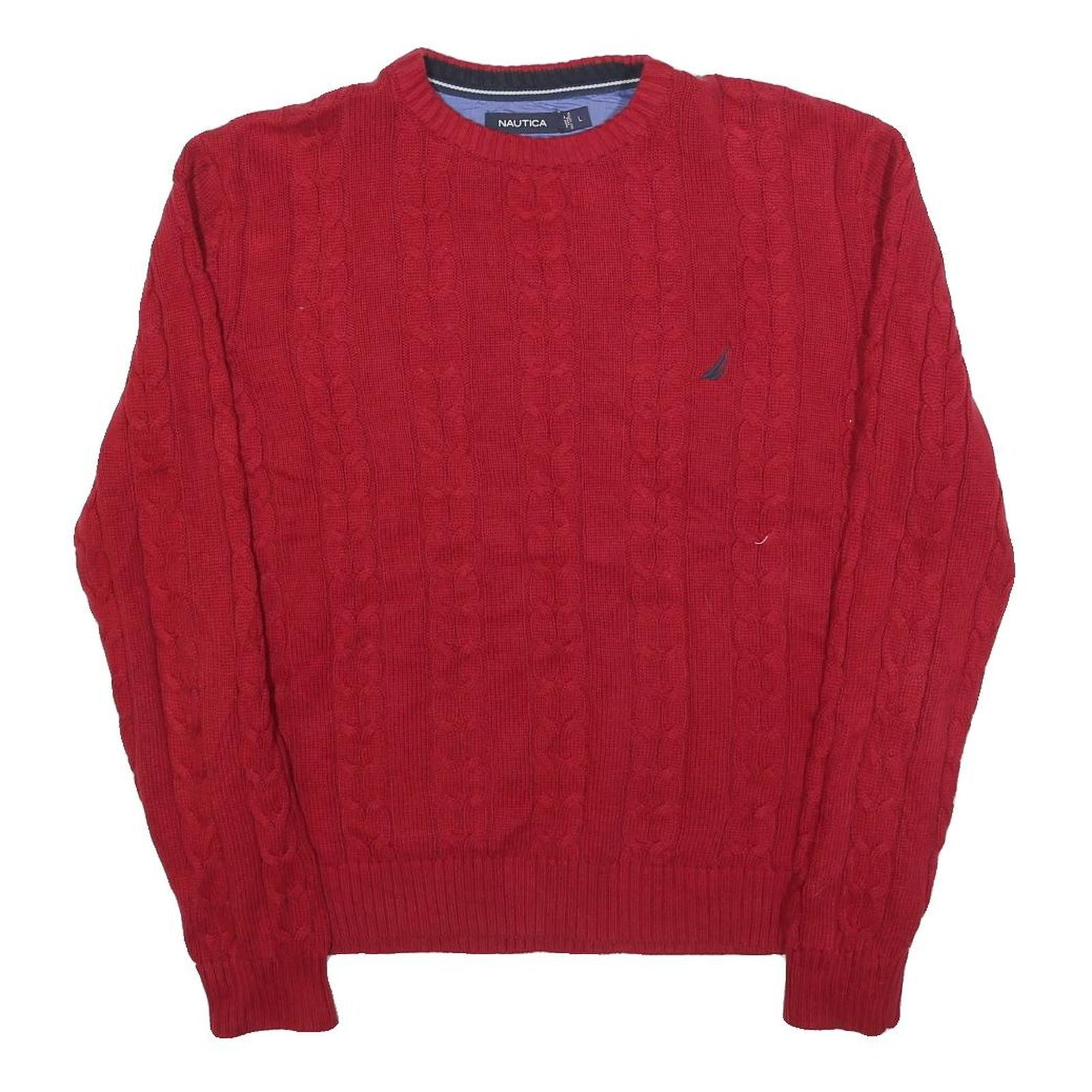 NAUTICA Mens Red Patterned Jumper Crew Neck Cable Knit L Cotton Classic Style Refurbished - N/A refurbished available on Cerqular