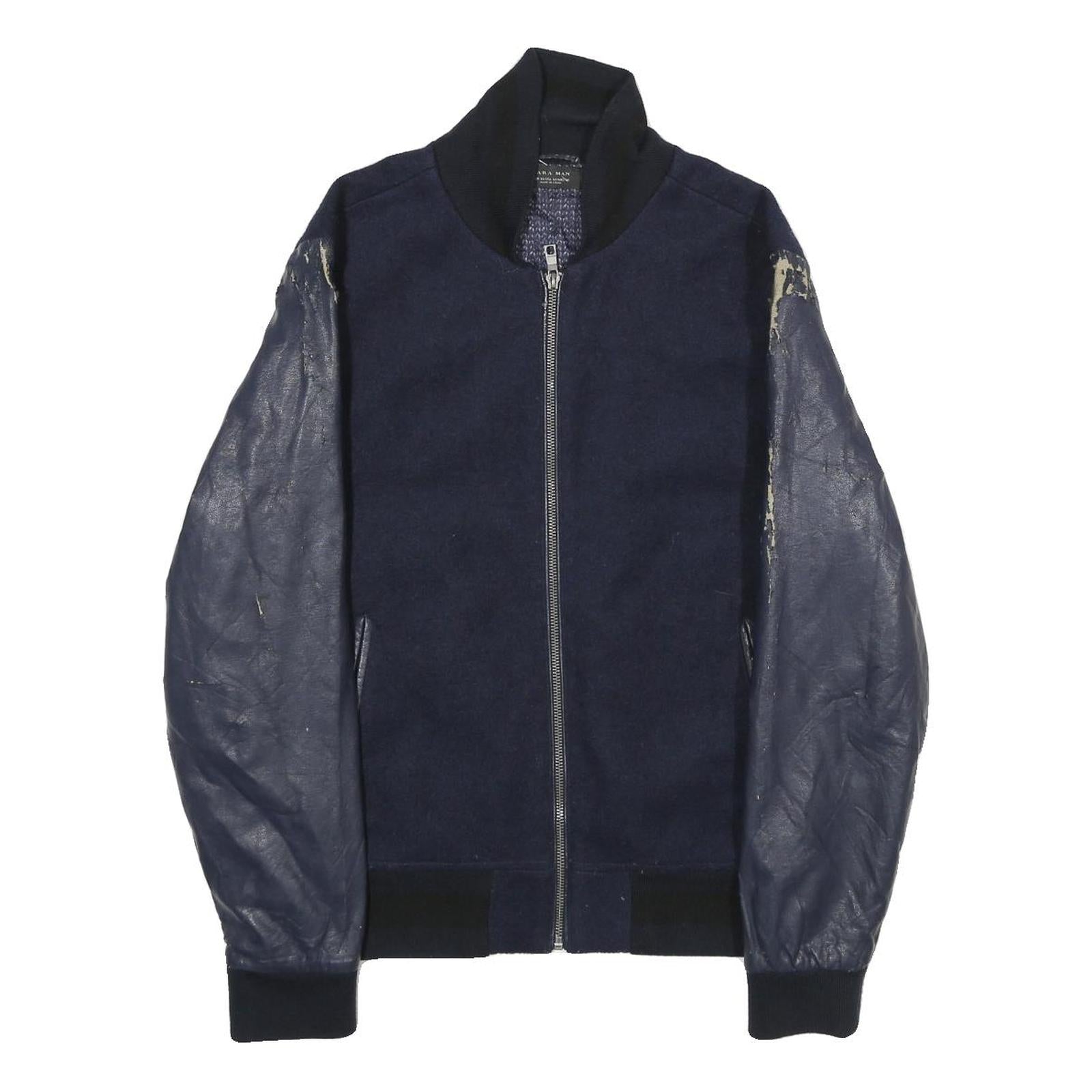 ZARA Mens Navy Blue Wool Blend Bomber Jacket M Leather Sleeves Zip Fastening Refurbished - N/A refurbished available on Cerqular