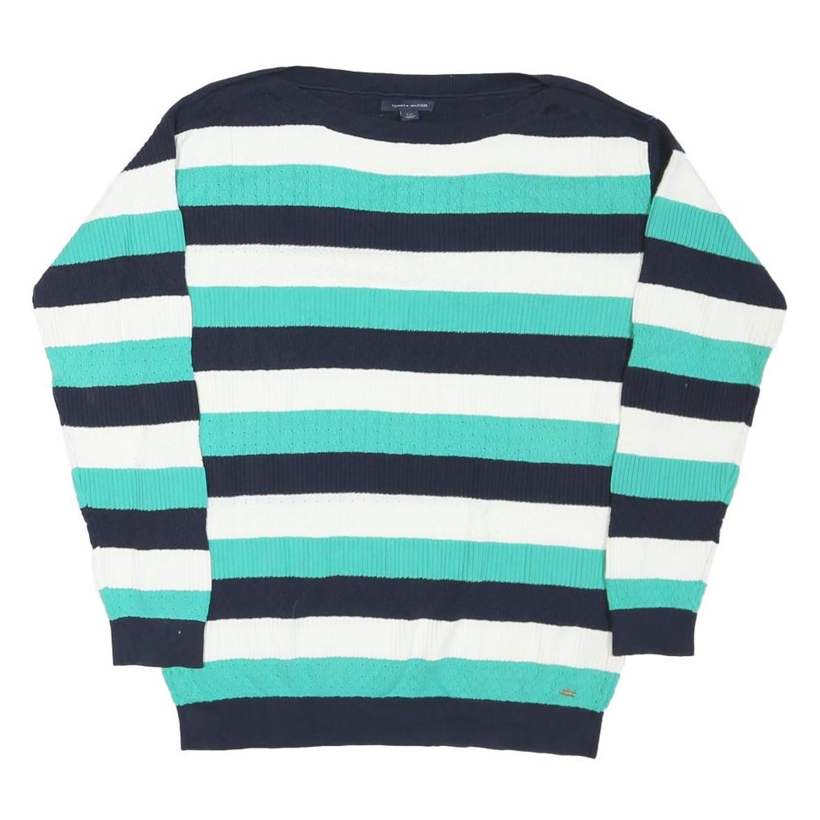 TOMMY HILFIGER Womens Blue & White Striped Patterned Crew Neck Cotton Blend Refurbished - N/A refurbished available on Cerqular