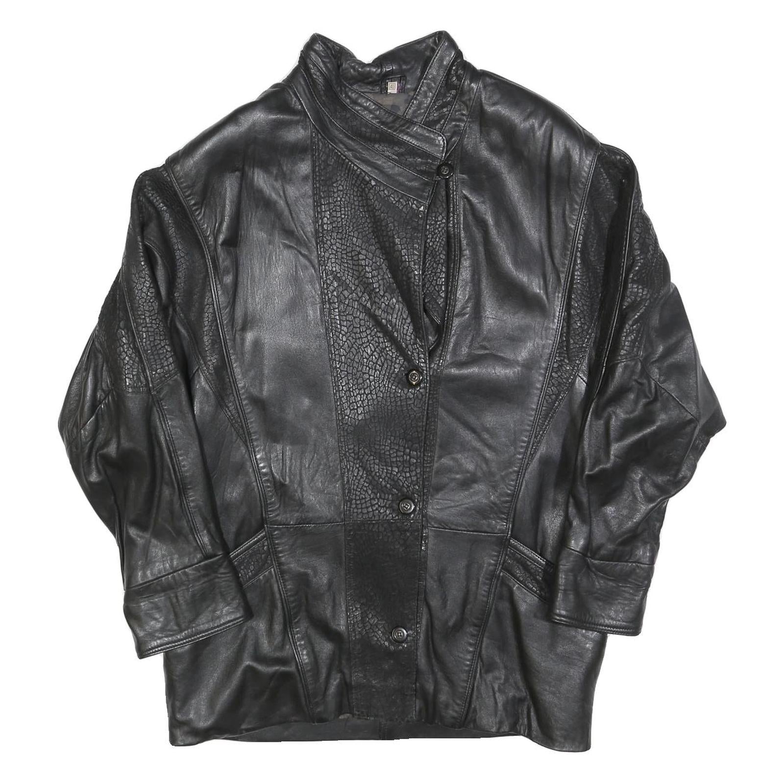 Womens Black Leather Button Jacket L Cropped Plain Stylish Outerwear Refurbished - N/A refurbished available on Cerqular