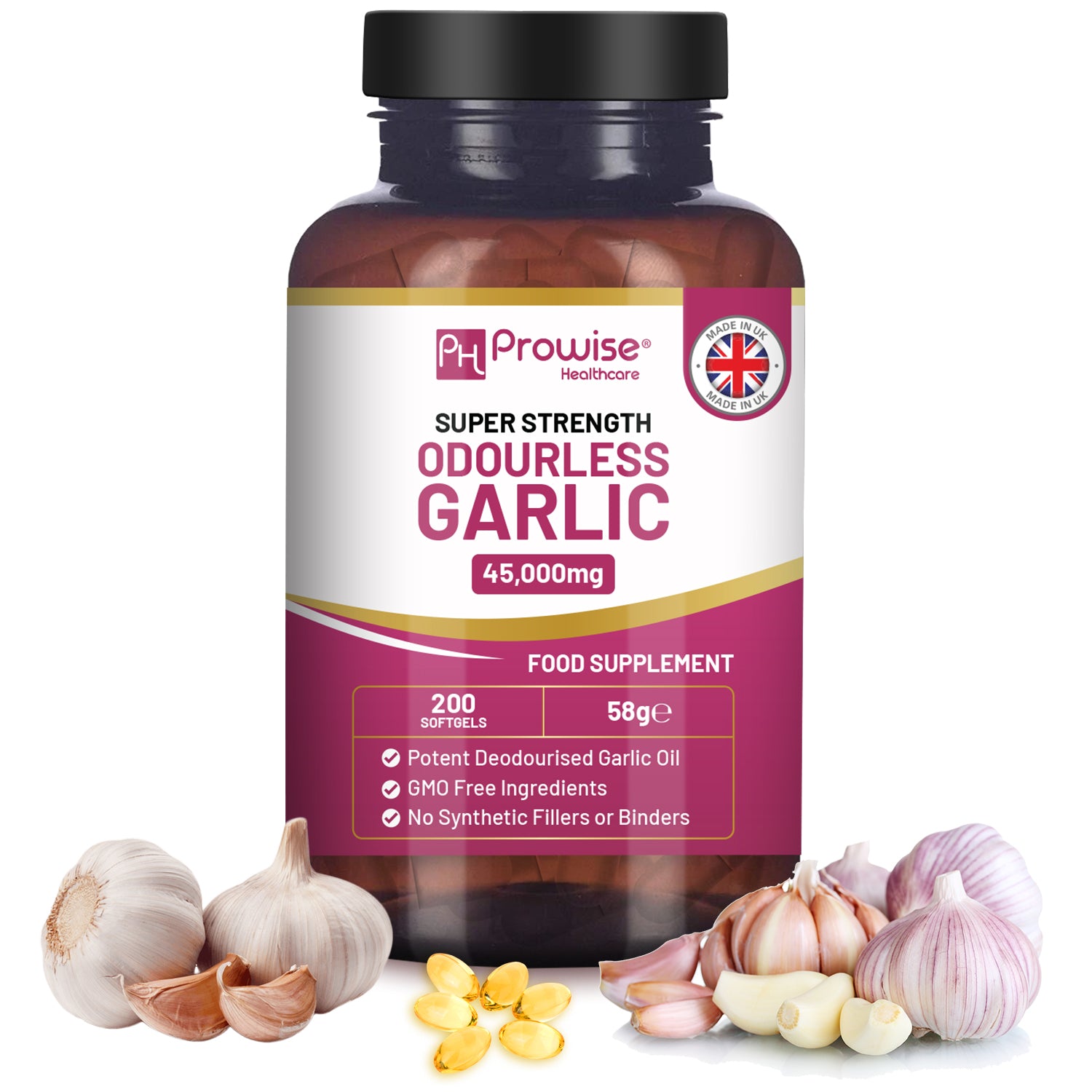 Premium Odourless Garlic Capsules - High Strength 45,000mg - 200 Softgels - Deodourised Premium Garlic Oil Extract from Allium Sativum - Made in UK by Prowise Refurbished - Prowise Healthcare refurbished available on Cerqular