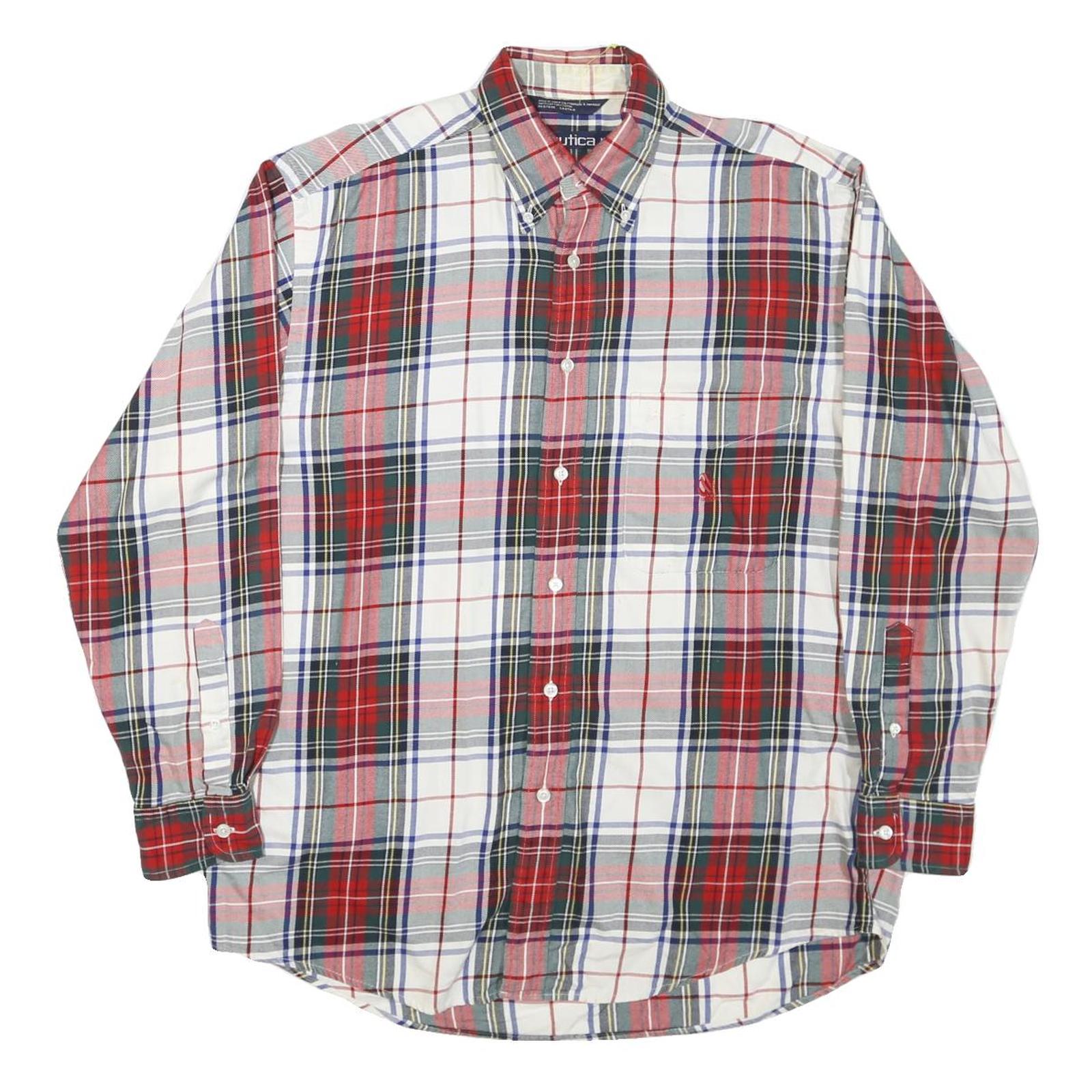 NAUTICA Mens Red Green White Plaid Shirt M Button Down Cotton Blend Classic Refurbished - N/A refurbished available on Cerqular
