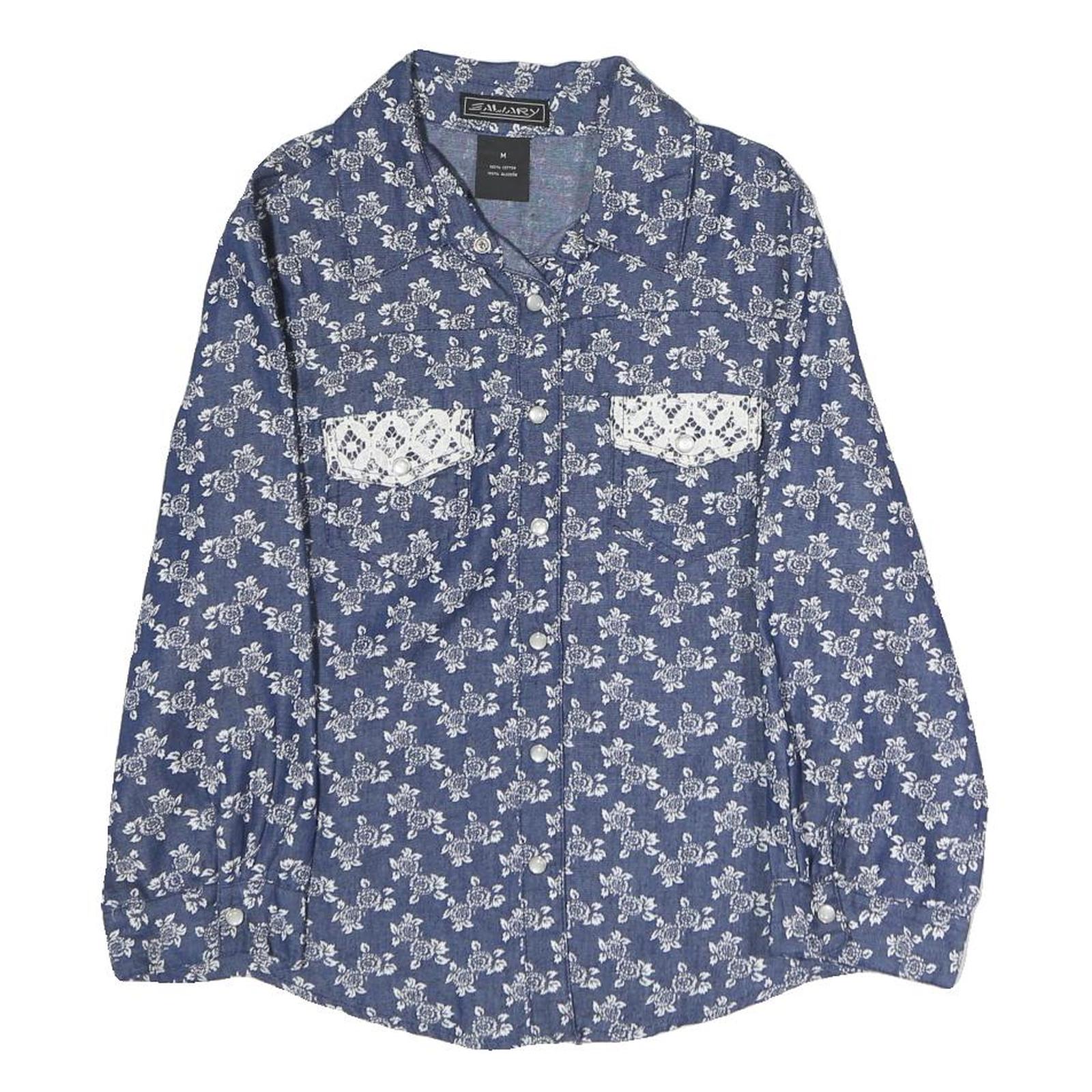 Womens Blue Floral Cotton Blend Shirt S Lace Pocket Detail Casual Elegant Refurbished - N/A refurbished available on Cerqular