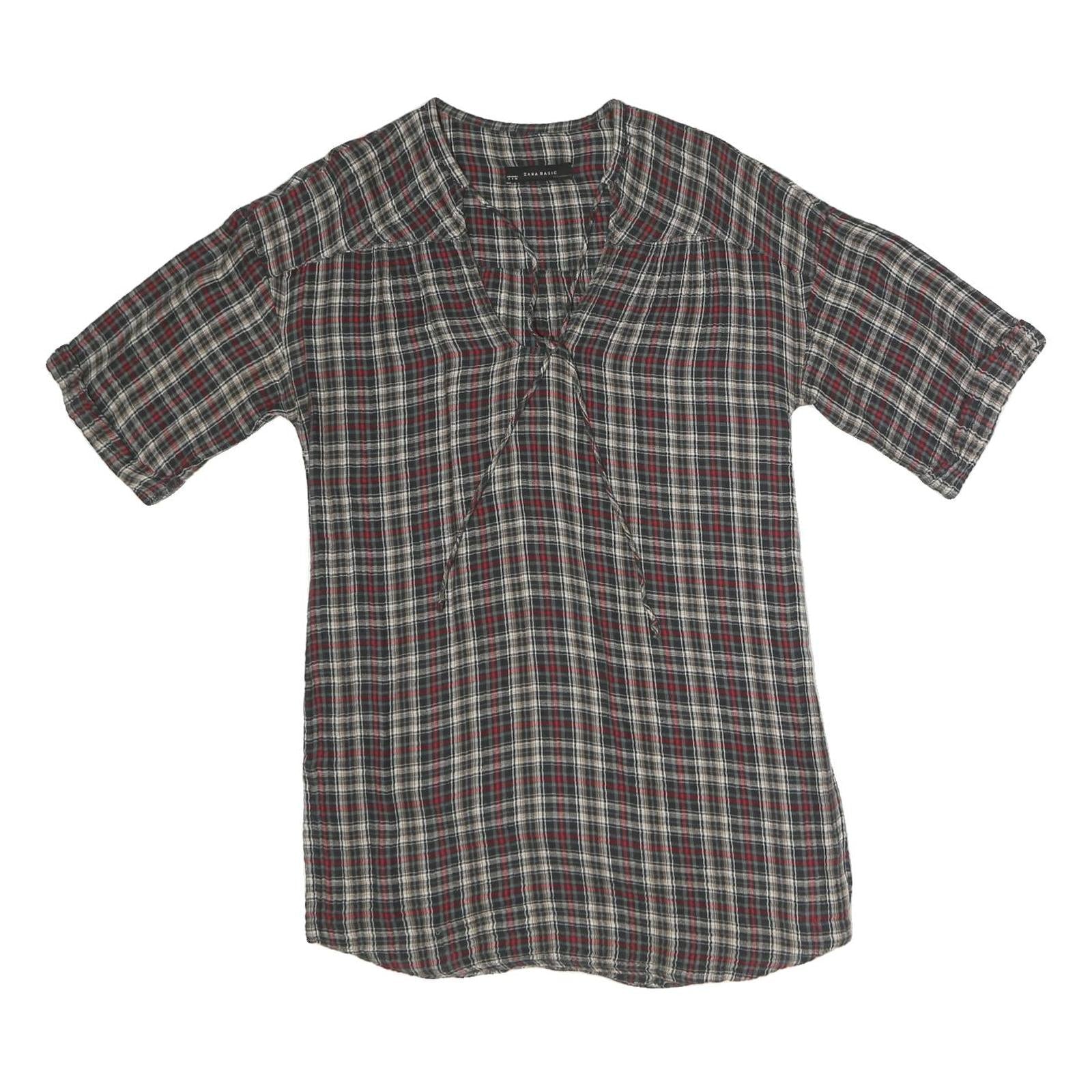 ZARA Womens Grey Red Black Checked V-Neck Short Sleeve Top XS Casual Everyday Refurbished - N/A refurbished available on Cerqular