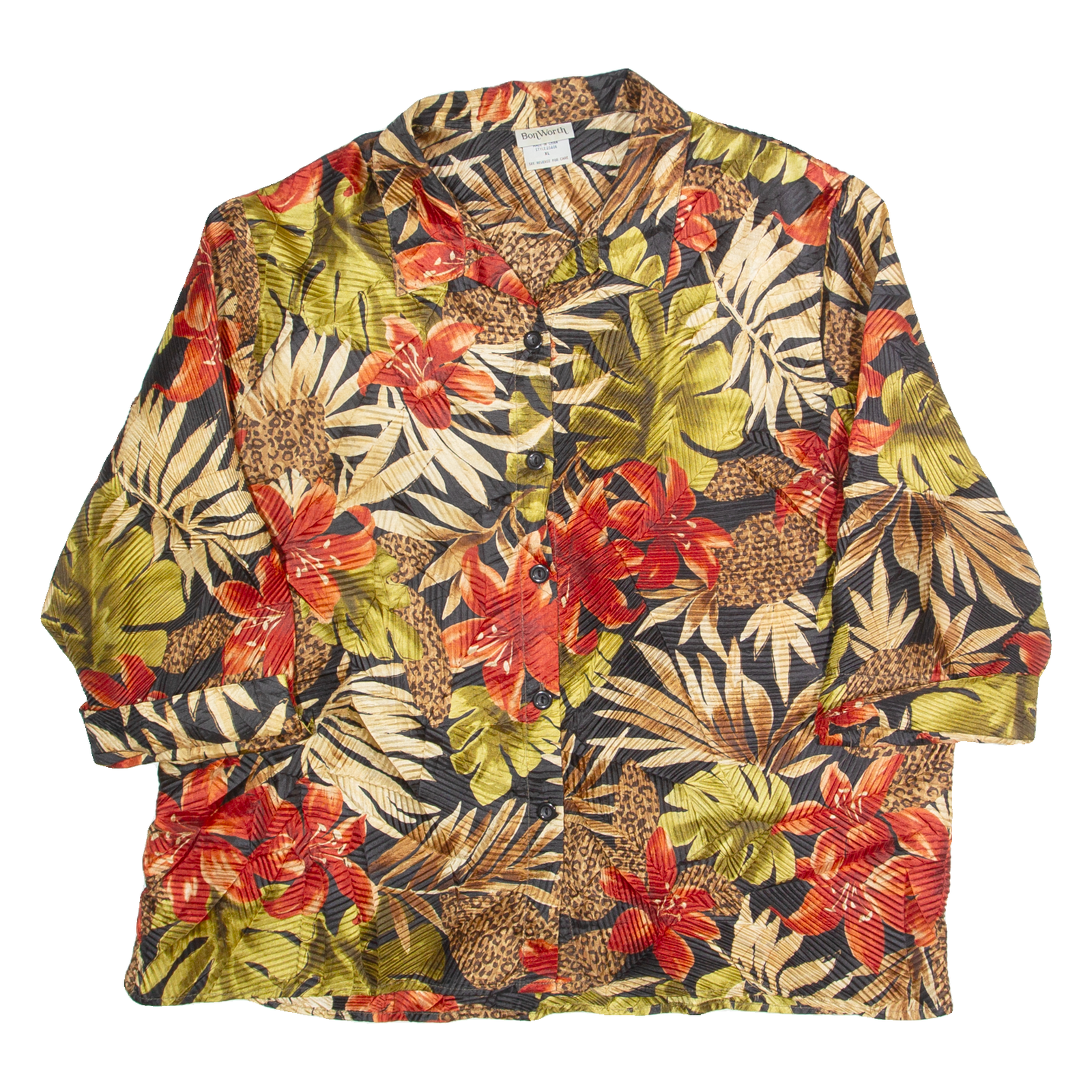 BON WORTH Ribbed Womens Printed Shirt Black 3/4 Sleeve 90s Floral XL Refurbished - N/A refurbished available on Cerqular