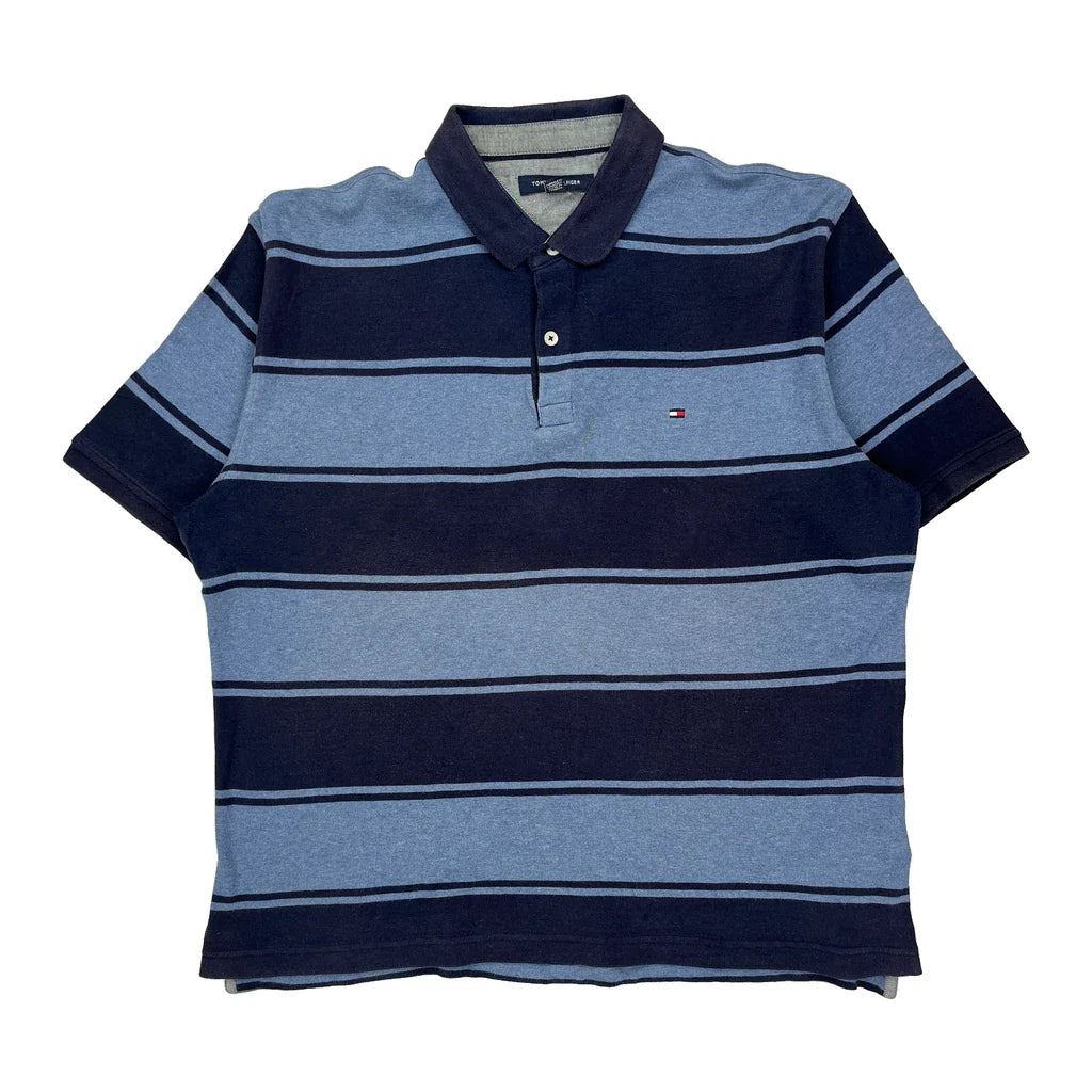 Tommy Hilfiger Striped Polo Shirt - Large Blue Cotton Refurbished - Thrifted (note: this is a term often used to describe second- refurbished available on Cerqular