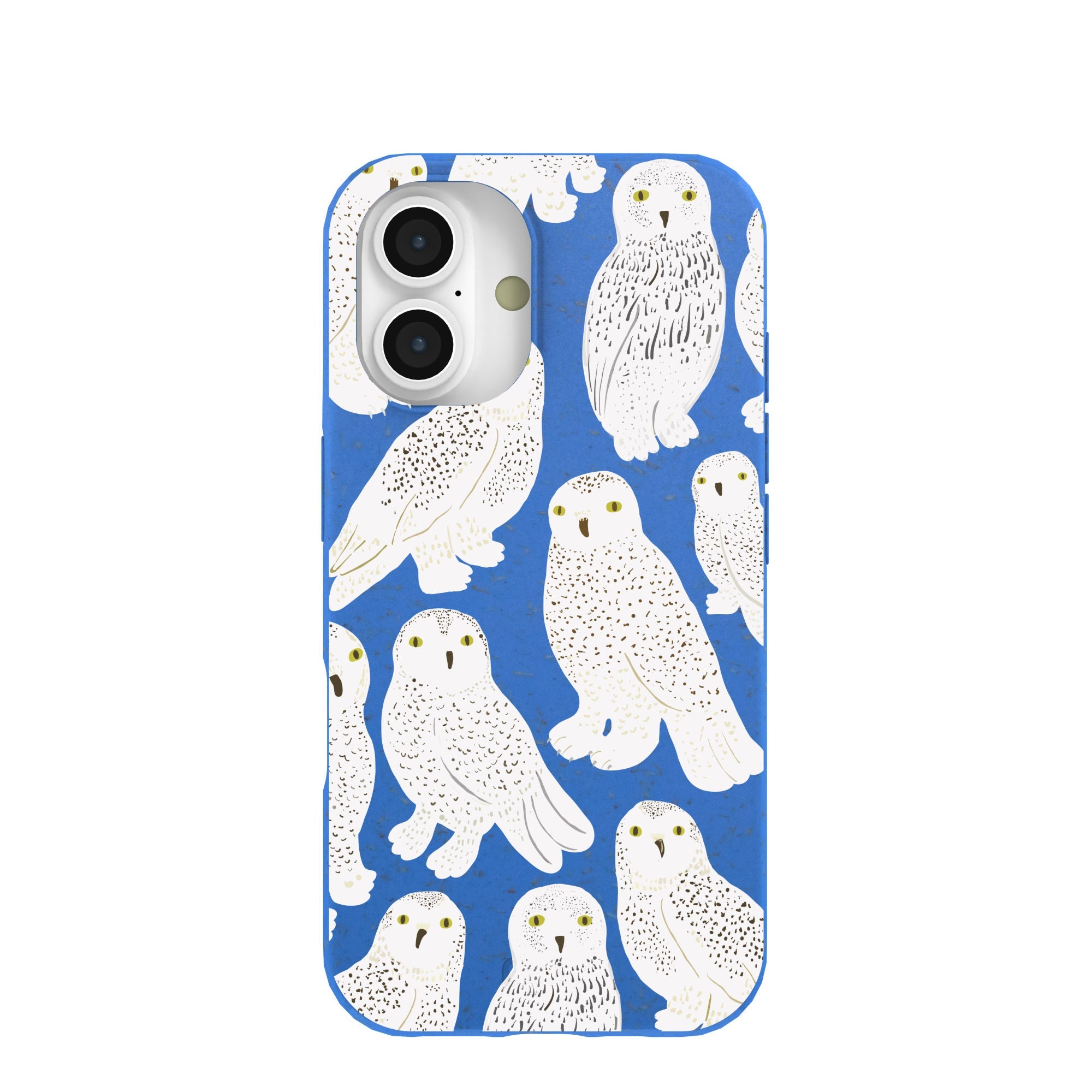 Electric Blue Snowy Owls iPhone 16 Case Refurbished - Pela Case refurbished available on Cerqular