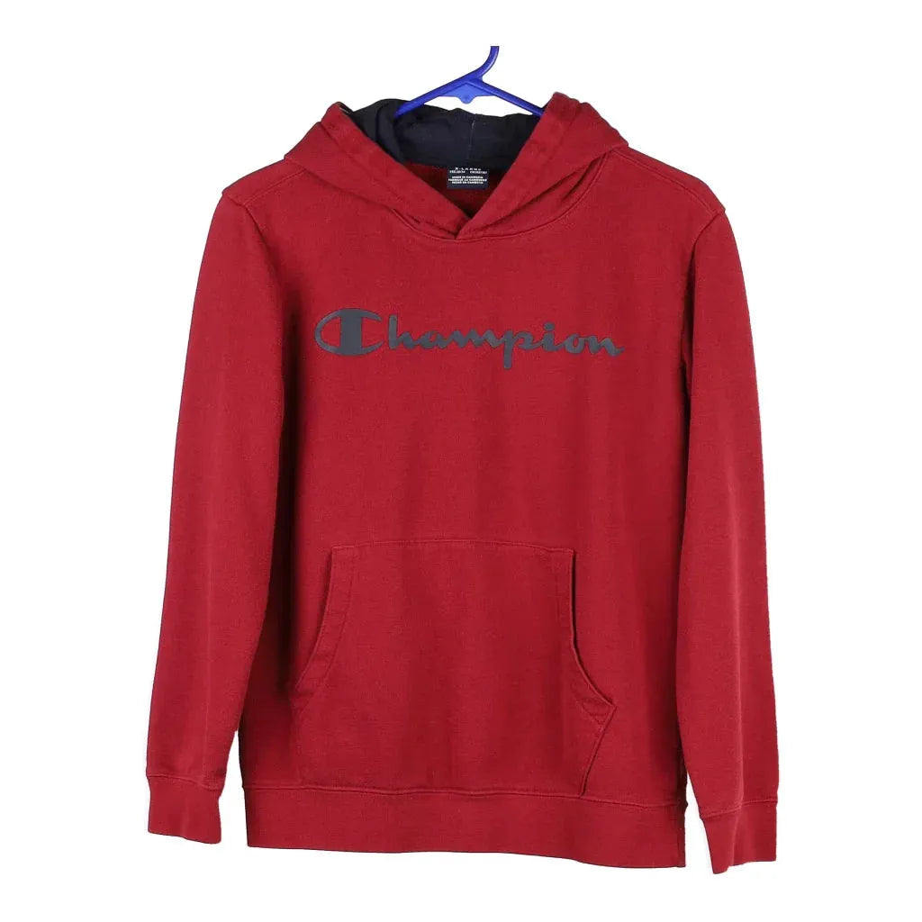 Age 13-14 Champion Spellout Hoodie - XL Red Cotton Blend | Size: x-large Refurbished - Thrifted (note: this is a term often used to describe second- refurbished available on Cerqular