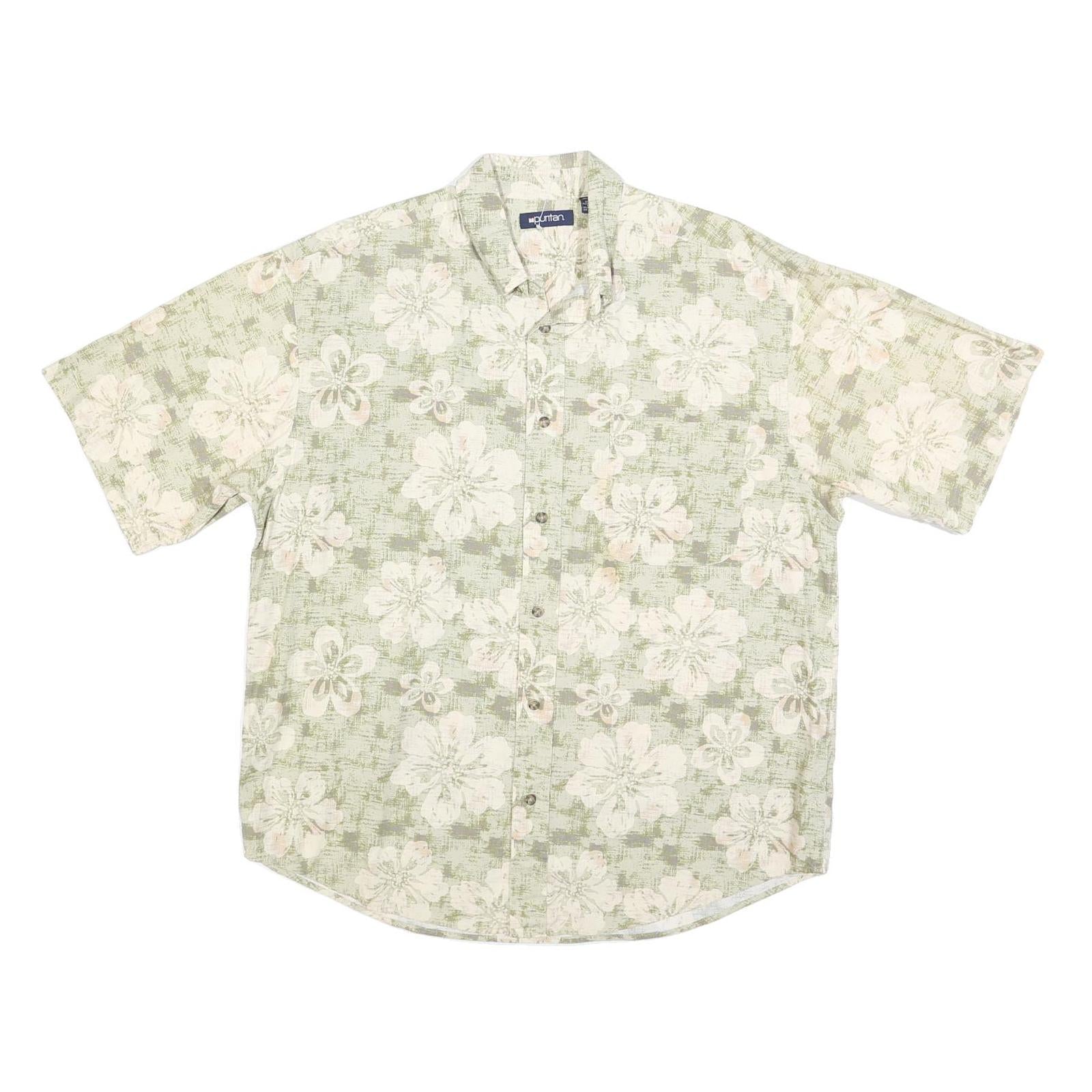 PURITAN Mens Green & Cream Floral Short Sleeve Shirt L Cotton Blend Summer Refurbished - N/A refurbished available on Cerqular