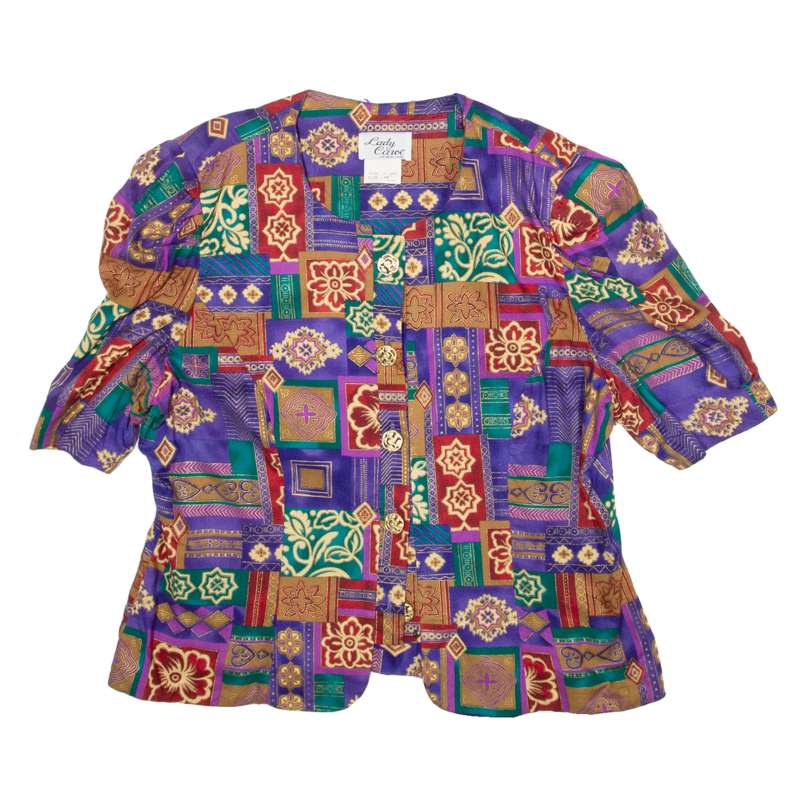 LADY CAROL Womens Printed Blouse Purple Puff Sleeve Crazy Pattern M Refurbished - N/A refurbished available on Cerqular