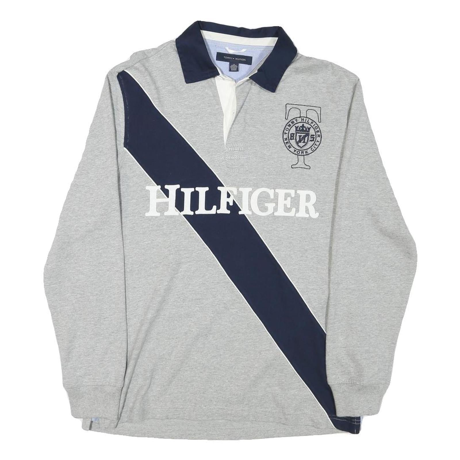 TOMMY HILFIGER Mens Grey & Navy Long Sleeve Logo Print M Polo Shirt Cotton Blend Refurbished - N/A refurbished available on Cerqular