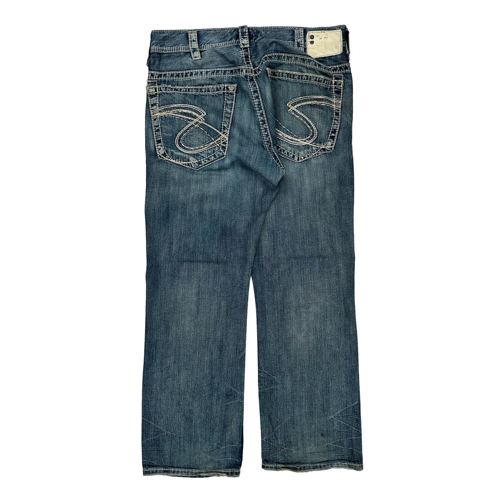 Silver Contrast Stitch Jeans - 36W 30L Blue Cotton Refurbished - Thrifted (note: this is a term often used to describe second- refurbished available on Cerqular