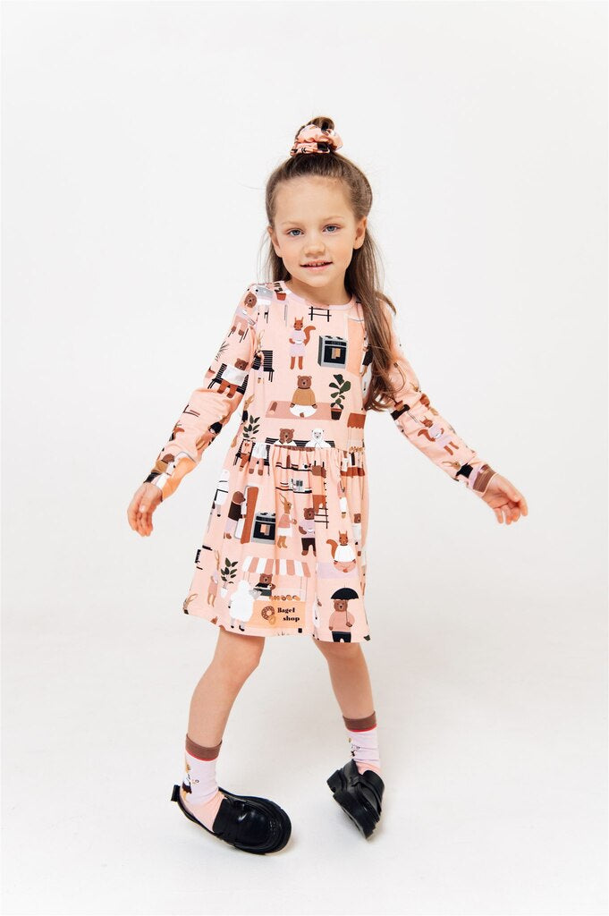 Pink long sleeve girl's dress - City Print | Size: 8-10 Refurbished - N/A (Note: This brand may not be well-known globally refurbished available on Cerqular