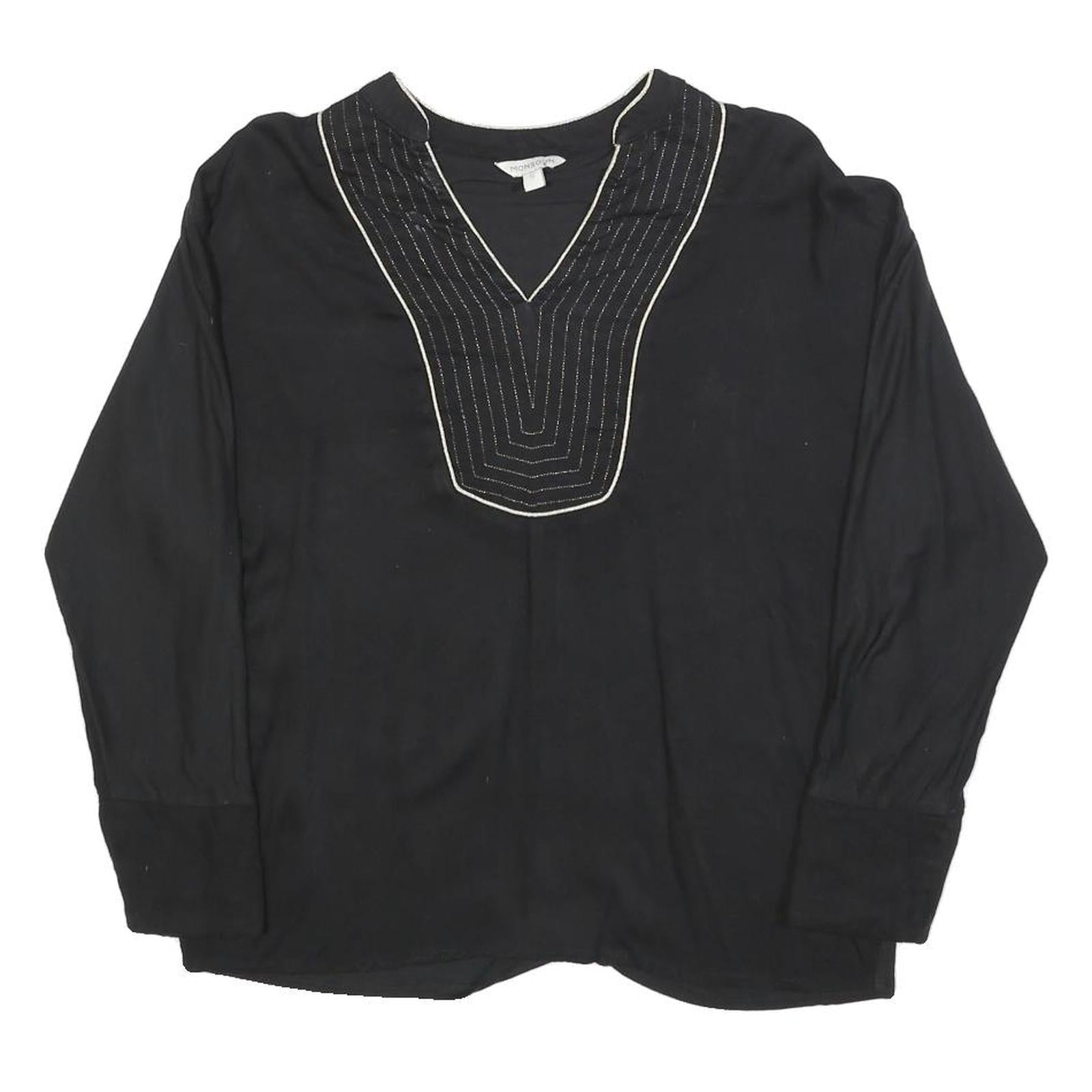 MONSOON Womens Black Cotton Blend V-Neck Long Sleeve Top S Embroidered Detail Refurbished - N/A refurbished available on Cerqular
