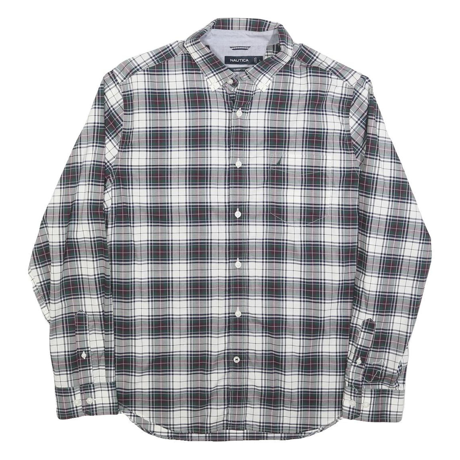 NAUTICA Mens White & Grey Checked Shirt L Classic Fit Cotton Blend Long Sleeve Refurbished - N/A refurbished available on Cerqular
