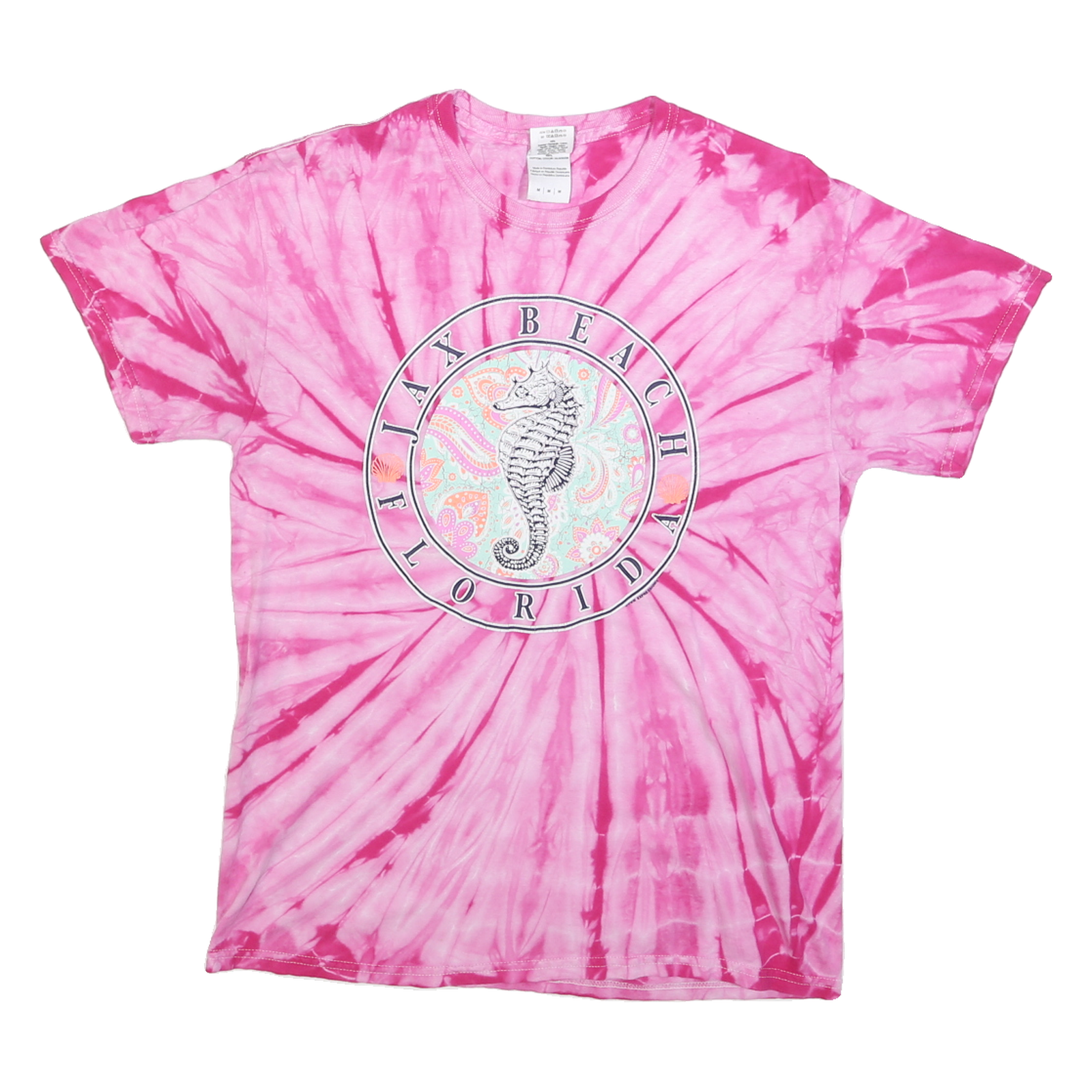GILDAN Womens Pink Tie Dye Jax Beach Florida Graphic T-Shirt M Crew Neck Short Refurbished - N/A refurbished available on Cerqular