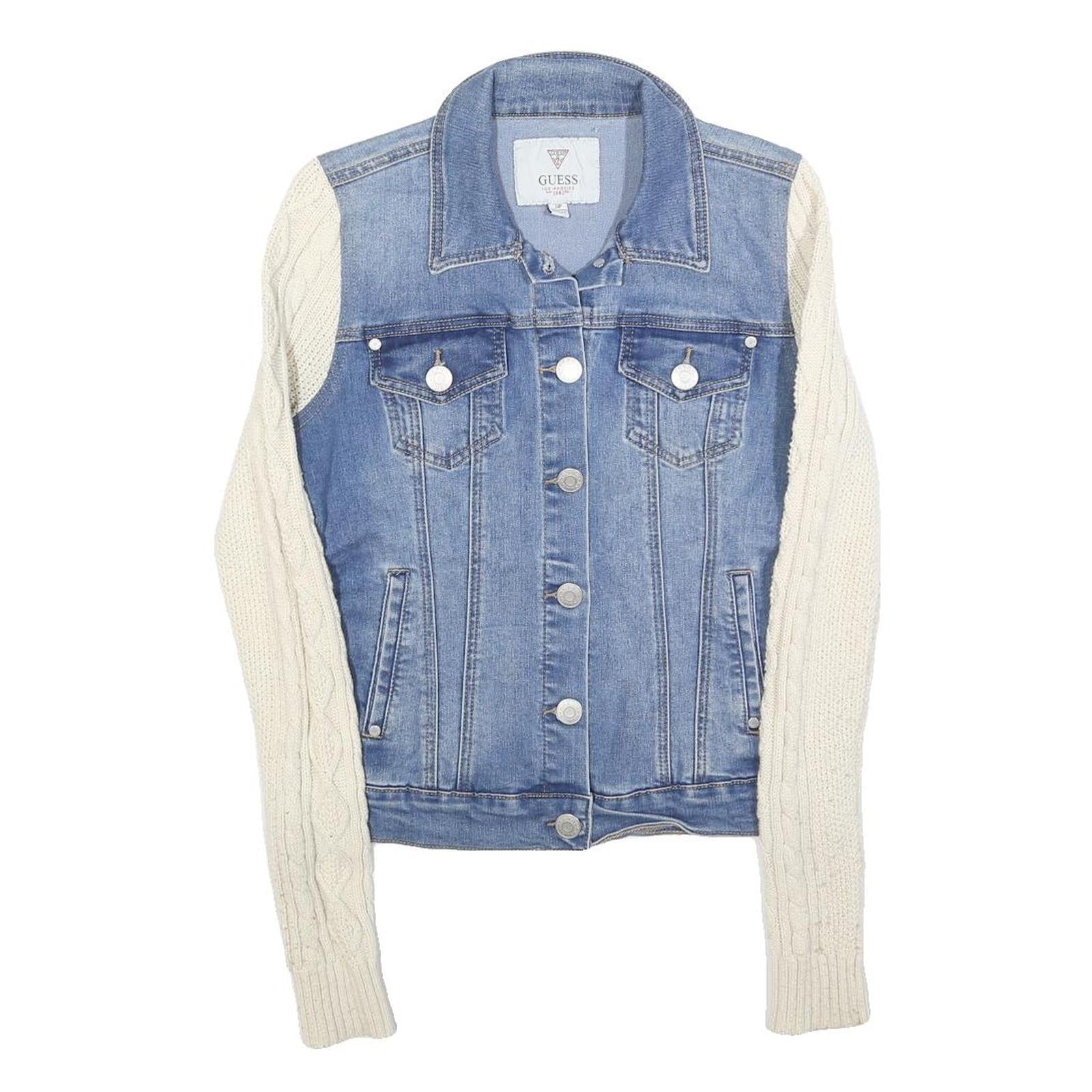 GUESS Womens Blue & Cream Denim Jacket S Cotton Cable Knit Sleeves Button Refurbished - N/A refurbished available on Cerqular