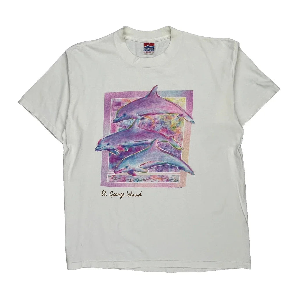 St. George Island Islander Single Stitch T-Shirt - Large White Cotton Refurbished - Thrifted (note: this is a term often used to describe second- refurbished available on Cerqular